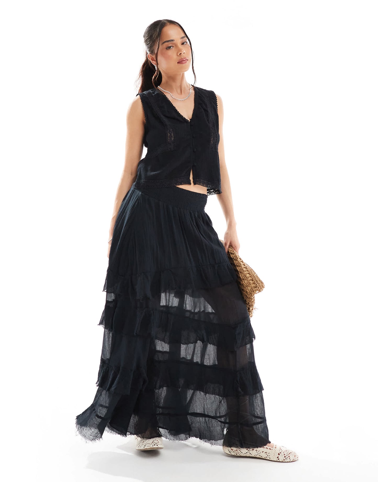 Bershka tiered maxi skirt in black