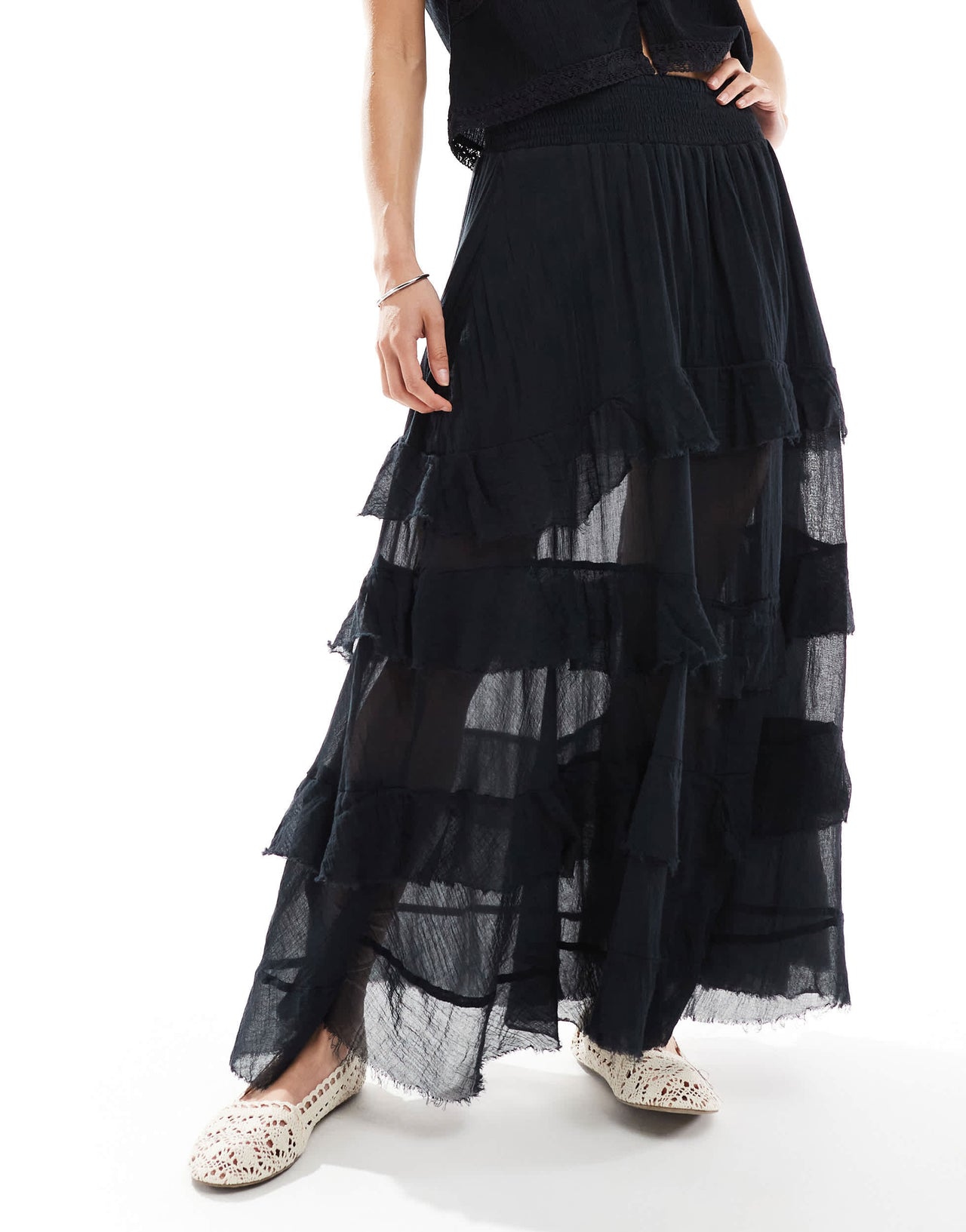Bershka tiered maxi skirt in black