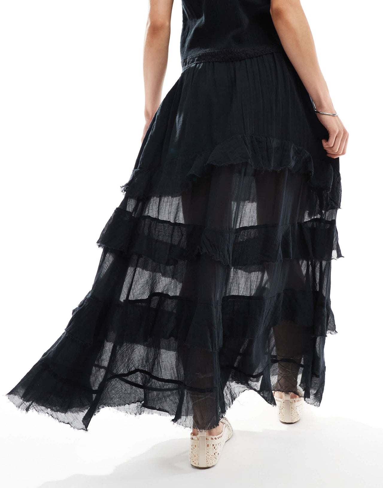 Bershka tiered maxi skirt in black
