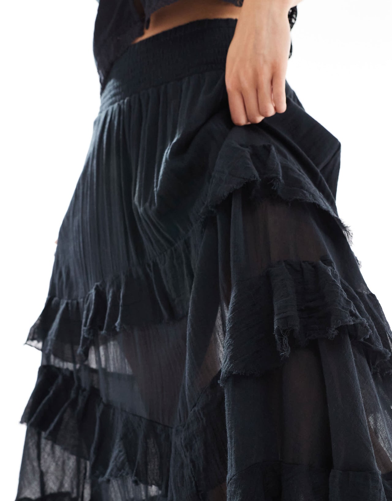 Bershka tiered maxi skirt in black