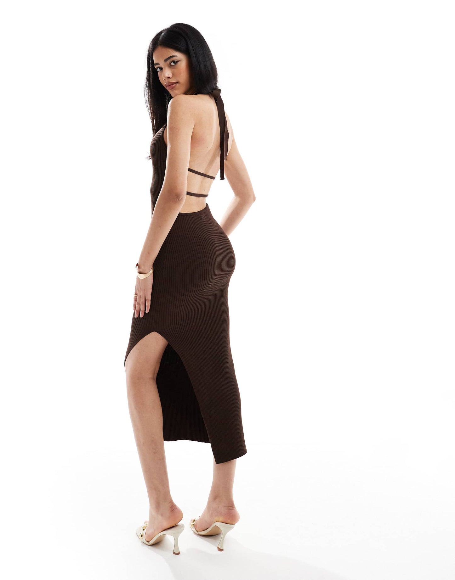 Bershka halterneck knitted bodycon midi dress in brown