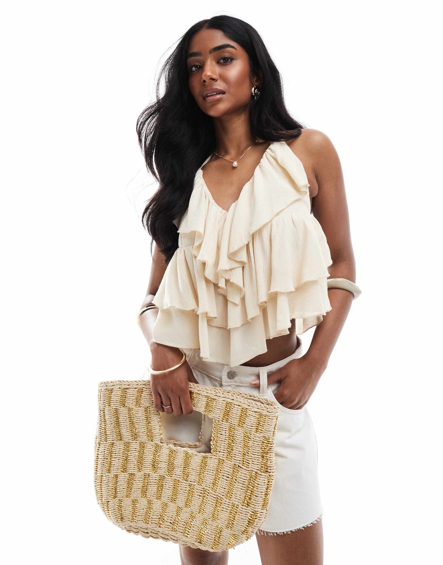 Bershka crinkle halterneck ruffle top in sand