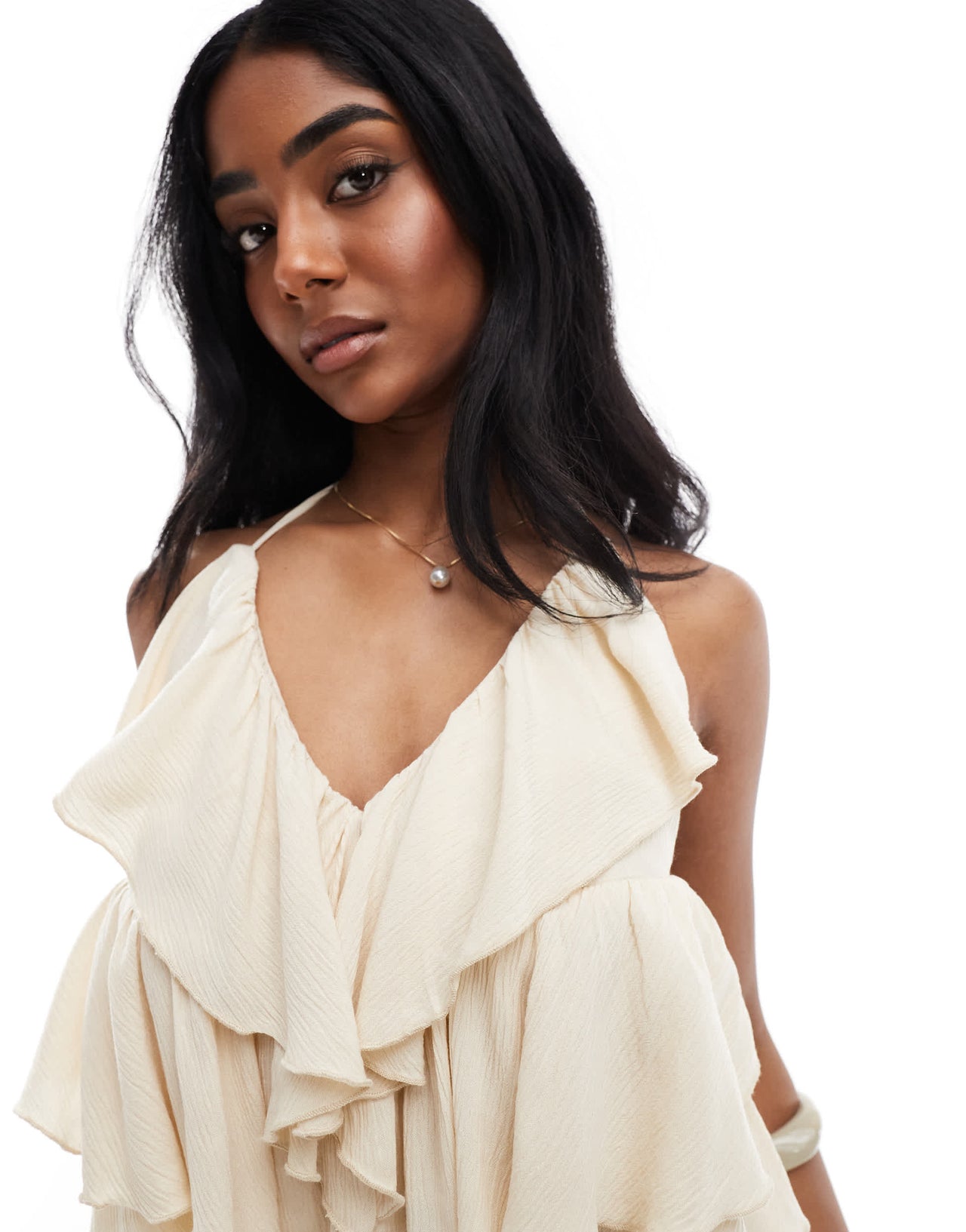 Bershka crinkle halterneck ruffle top in sand