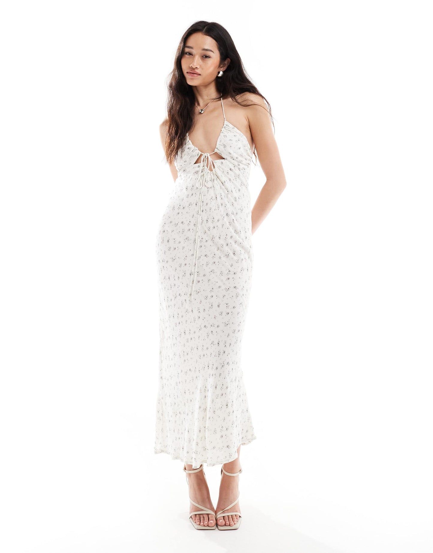 Bershka halterneck tie front maxi dress in ecru floral