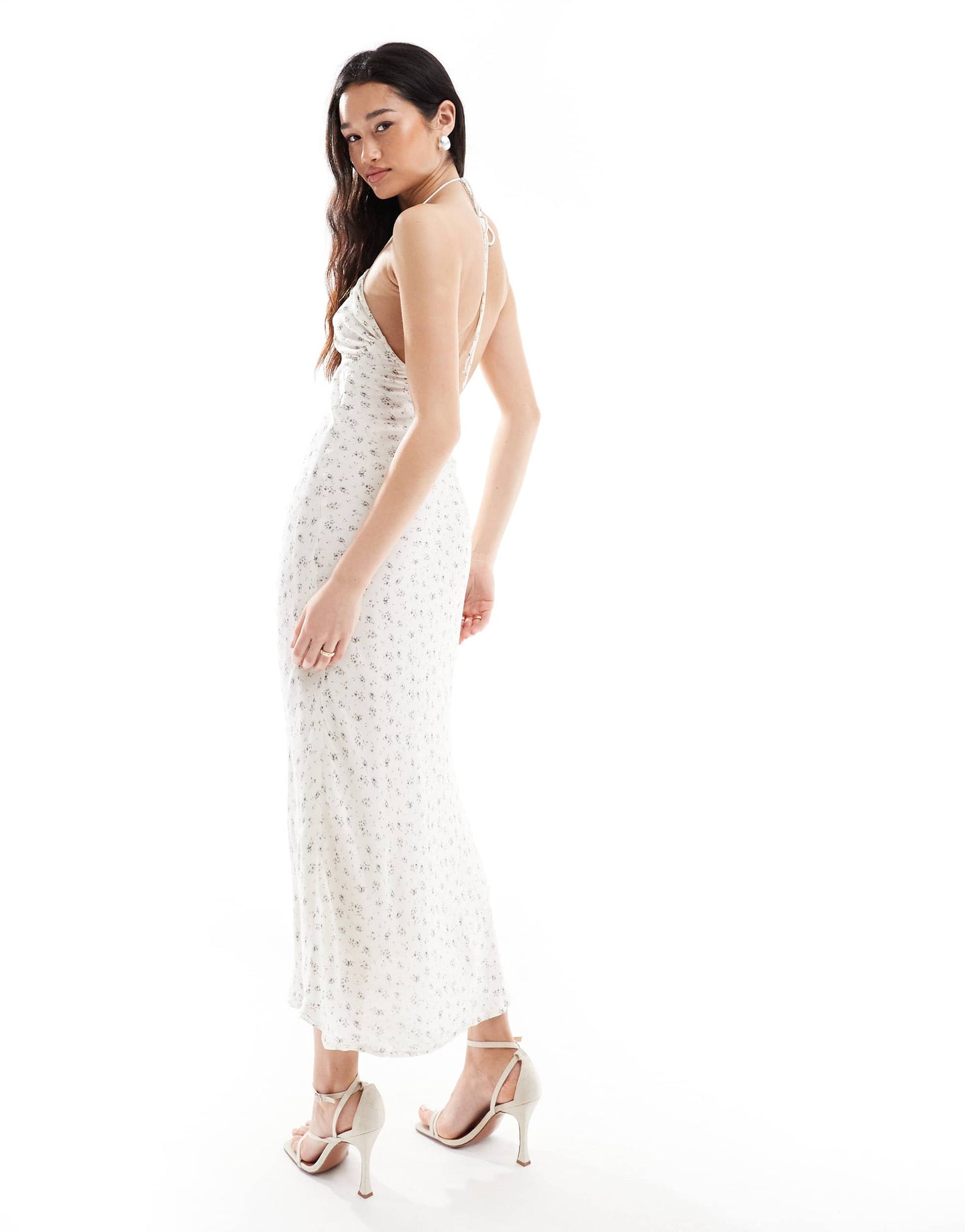 Bershka halterneck tie front maxi dress in ecru floral
