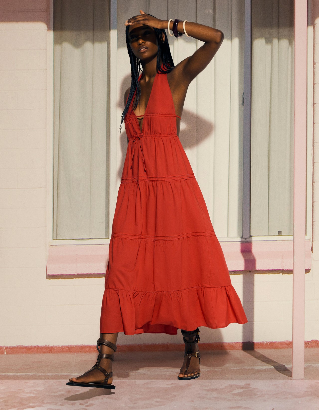 Bershka halterneck tiered maxi dress in red
