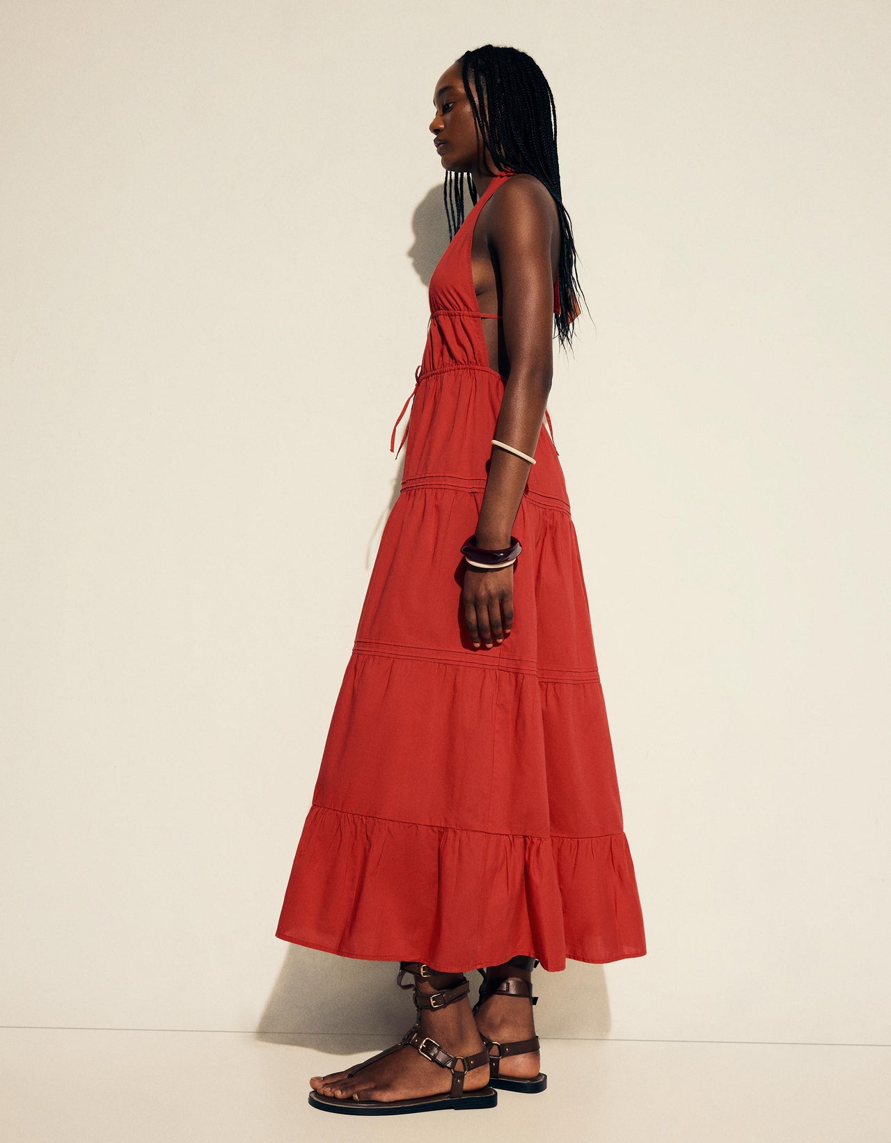 Bershka halterneck tiered maxi dress in red