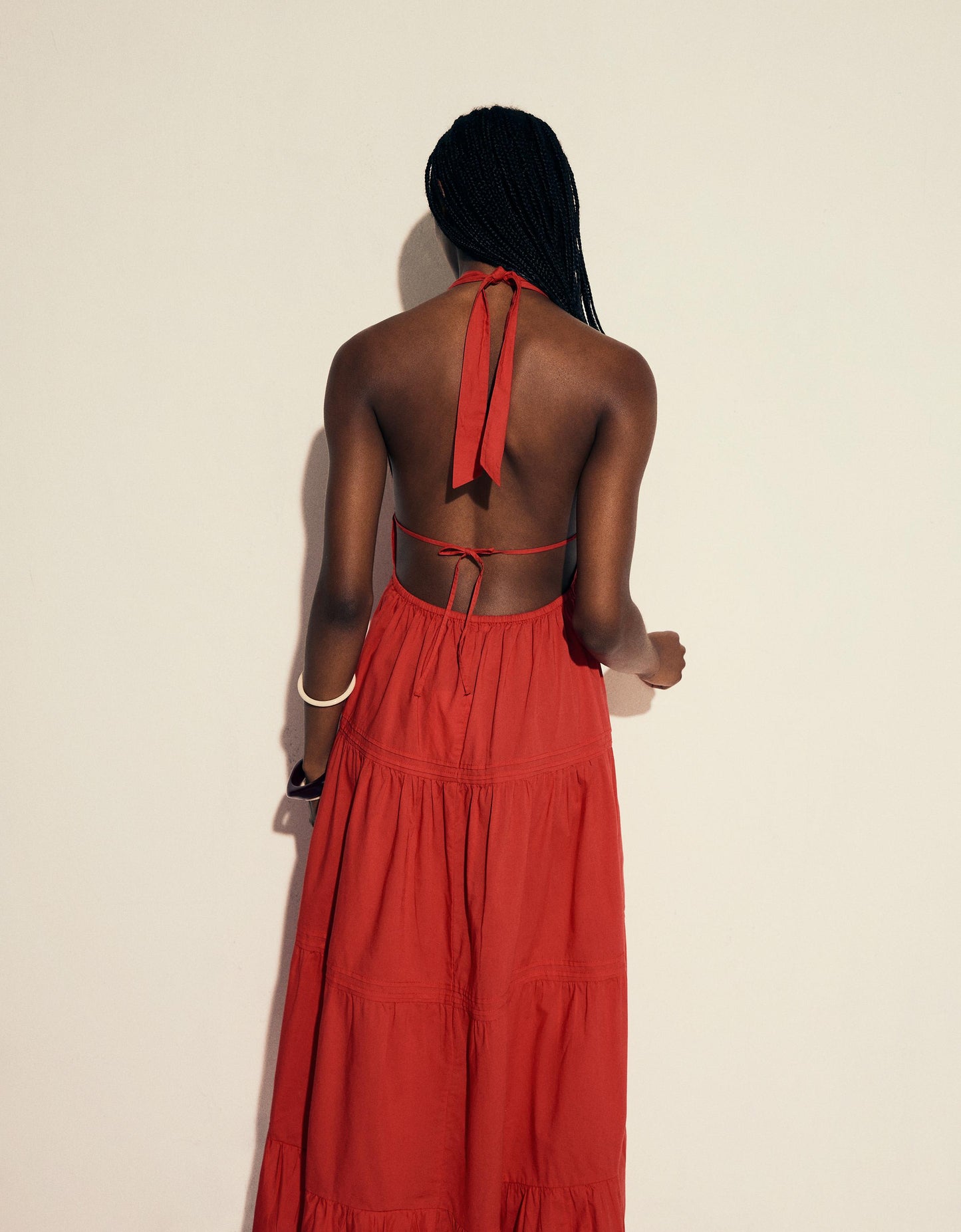 Bershka halterneck tiered maxi dress in red