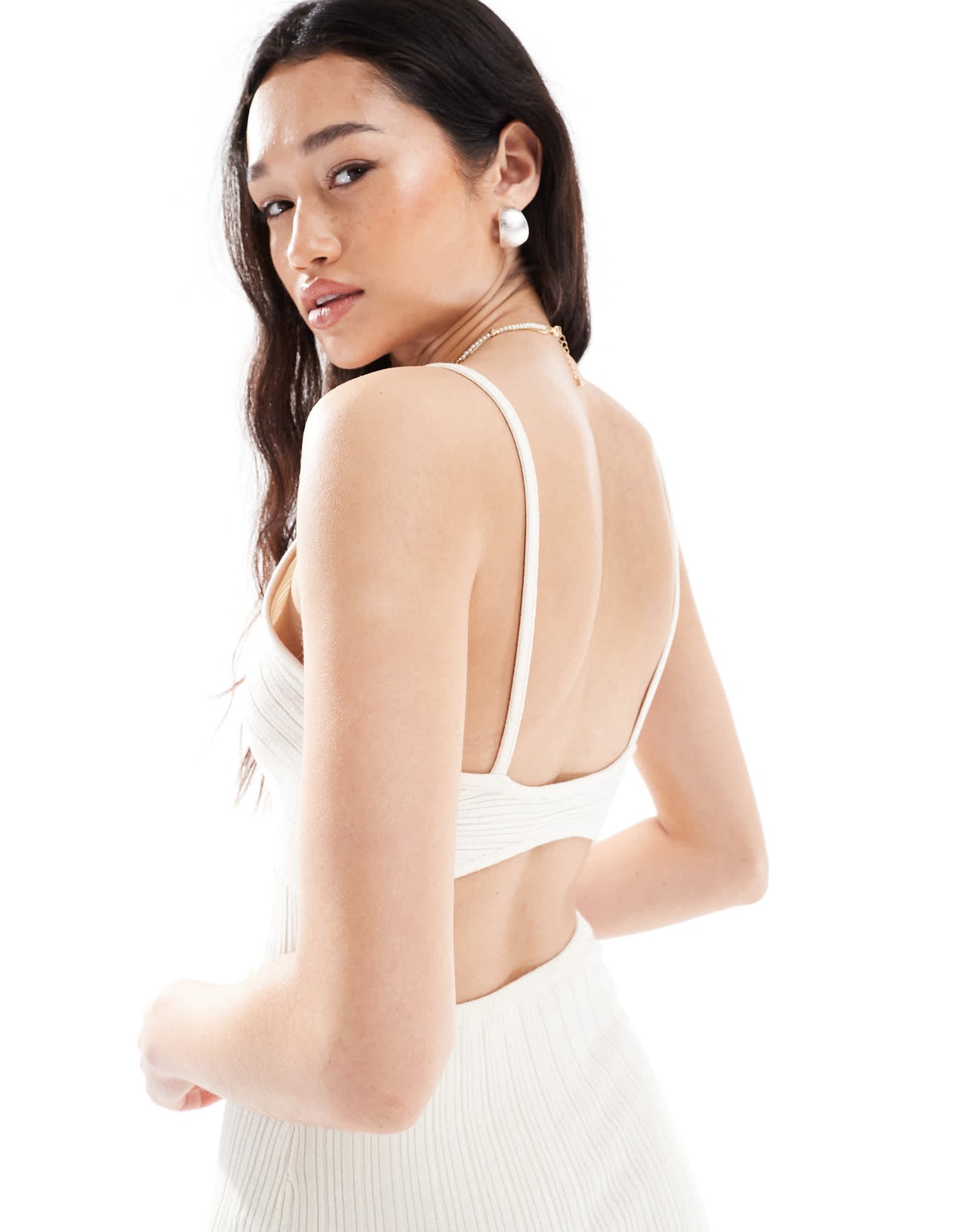 Bershka strappy knitted mini dress in ecru