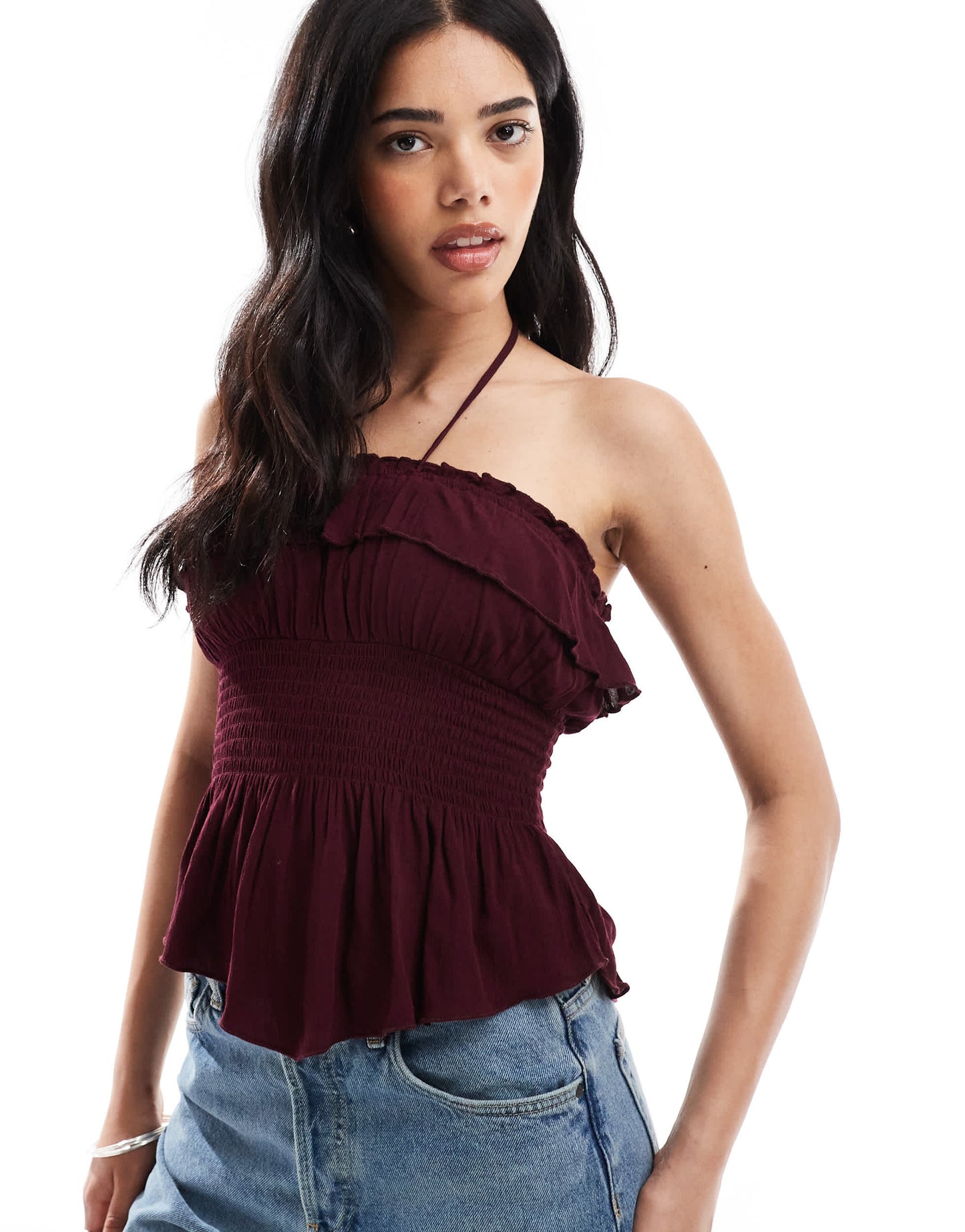 Bershka shirred ruffle bandeau top in burgundy