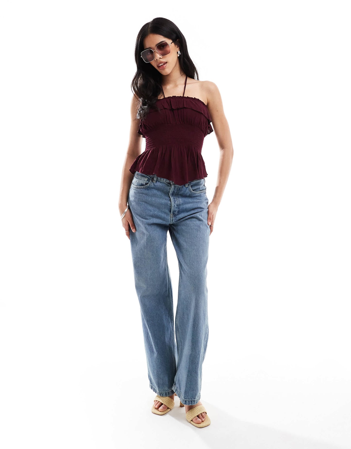 Bershka shirred ruffle bandeau top in burgundy
