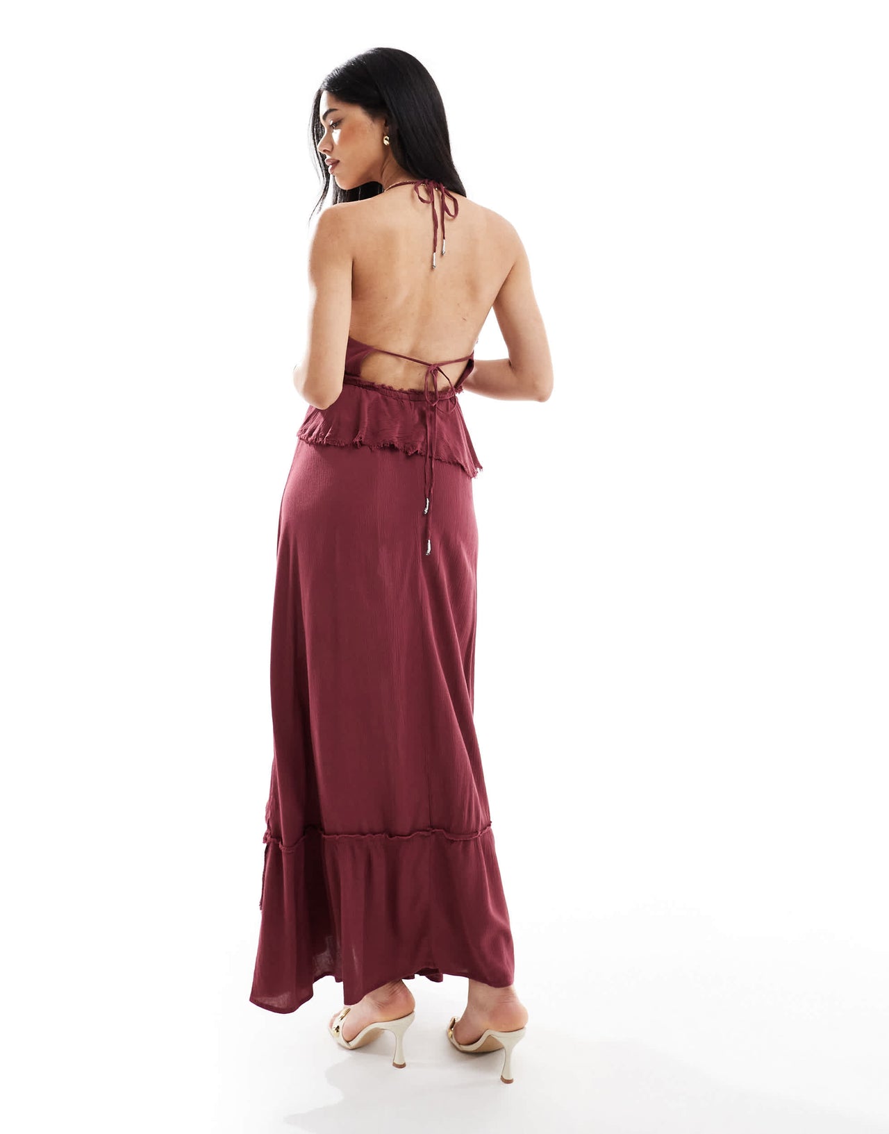 Bershka frill detail occasion maxi dress in burgundy