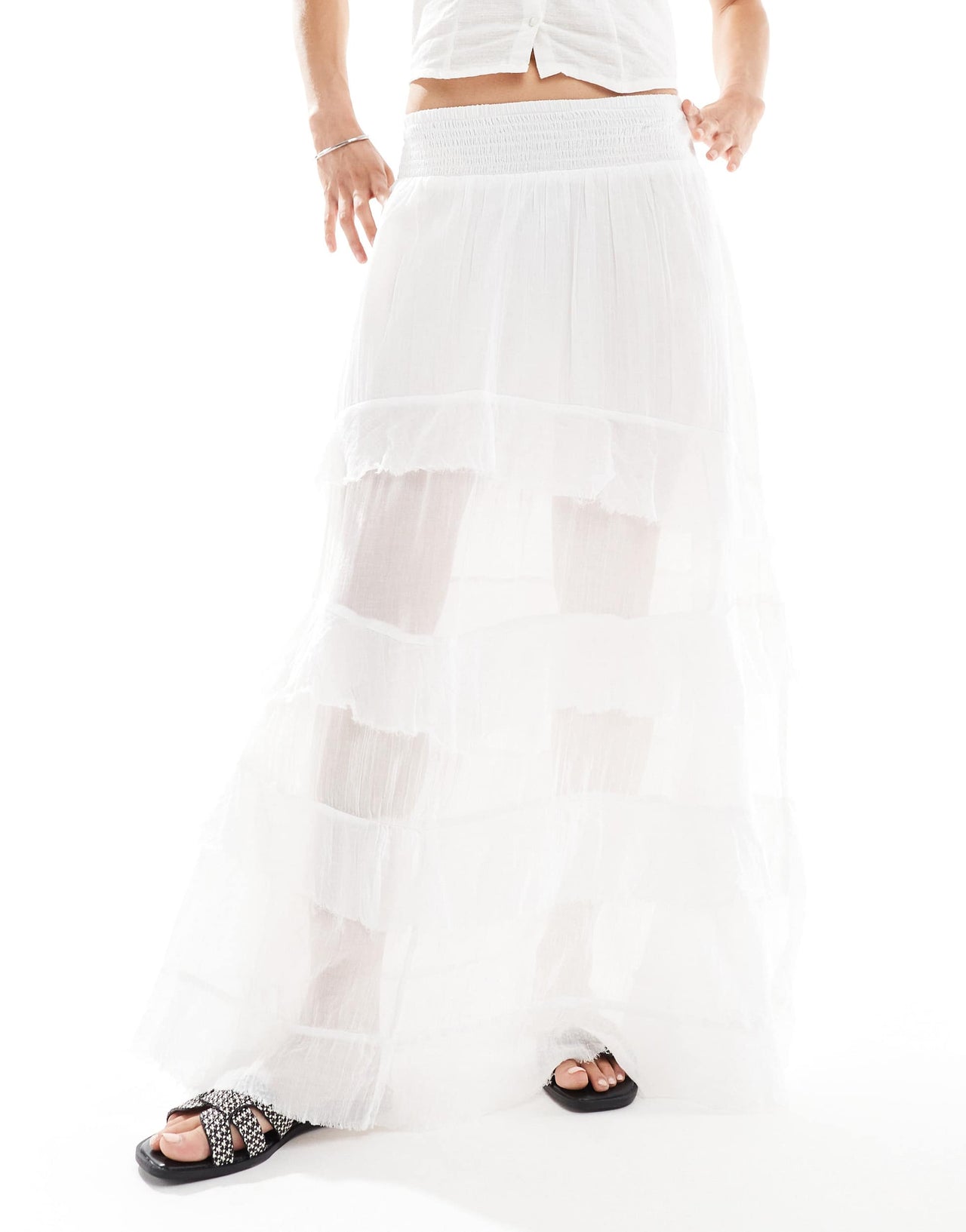 Bershka shirred frill detail maxi skirt in ecru