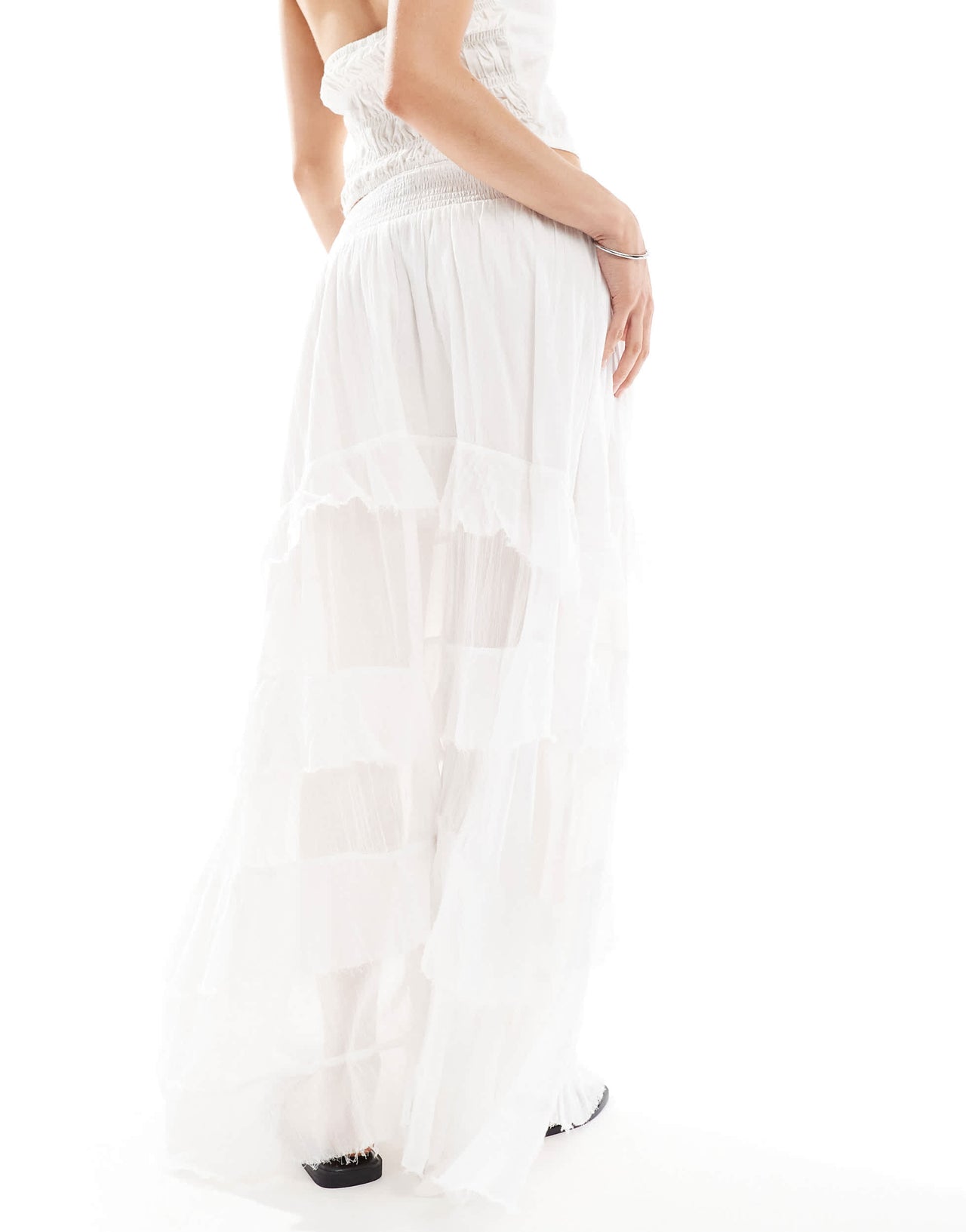 Bershka shirred frill detail maxi skirt in ecru