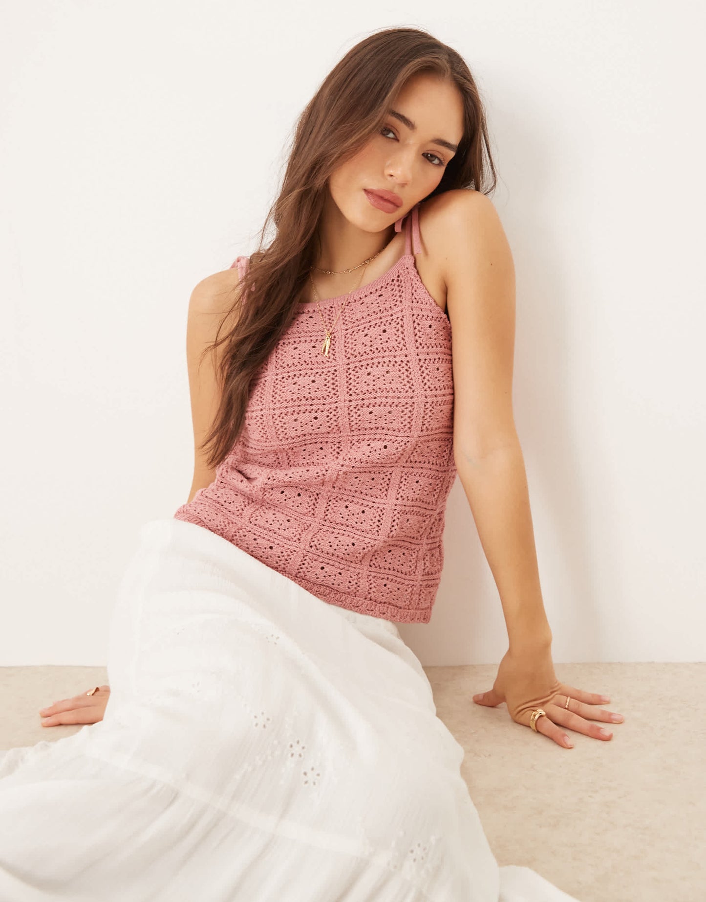 ASOS DESIGN crochet knit top in dusty pink