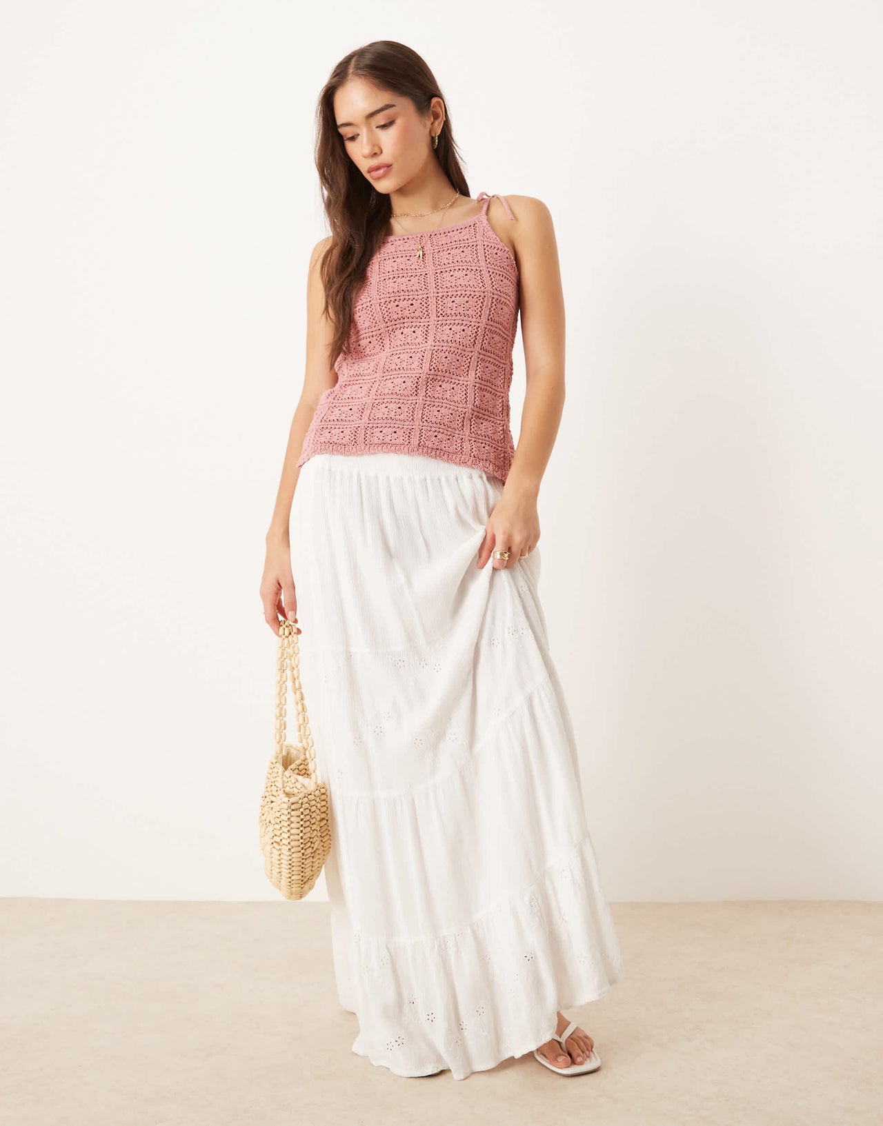 ASOS DESIGN crochet knit top in dusty pink