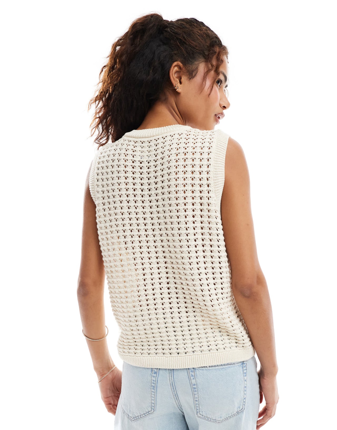 ASOS DESIGN crochet knit tank top with gold buttons in ecru