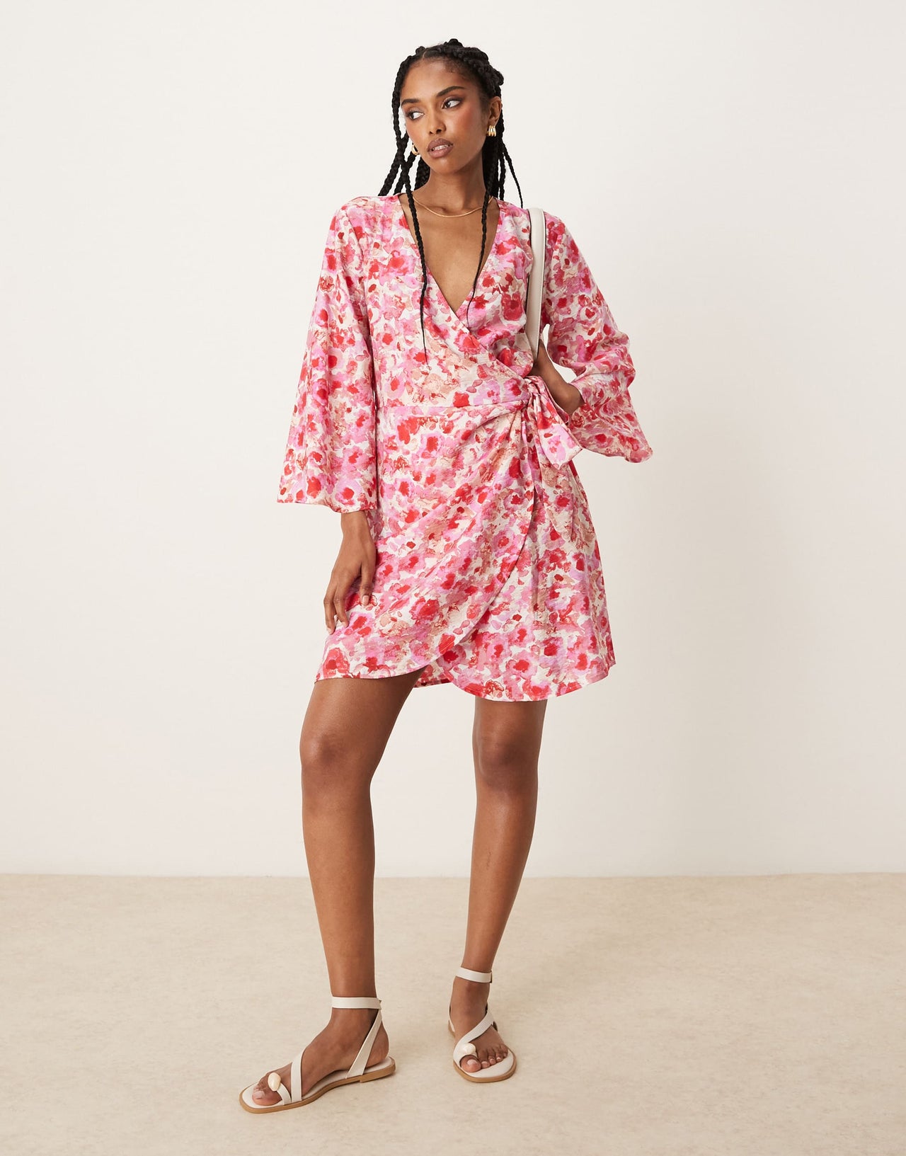 JDY wrap mini dress in pink abstract floral print