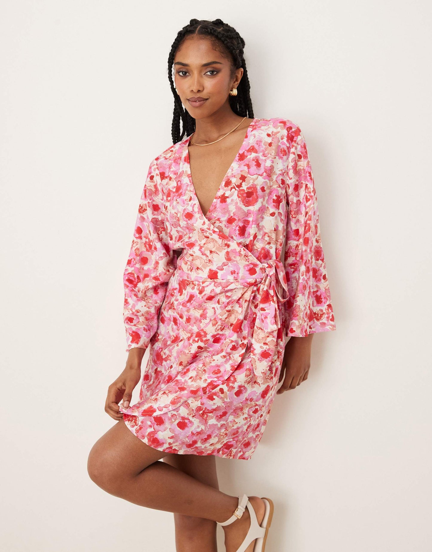 JDY wrap mini dress in pink abstract floral print