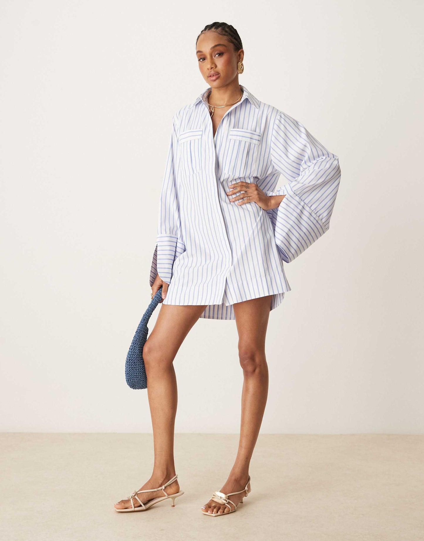 ASOS DESIGN Tall mini shirt dress with wide cuffs and oversized pockets in blue stripe