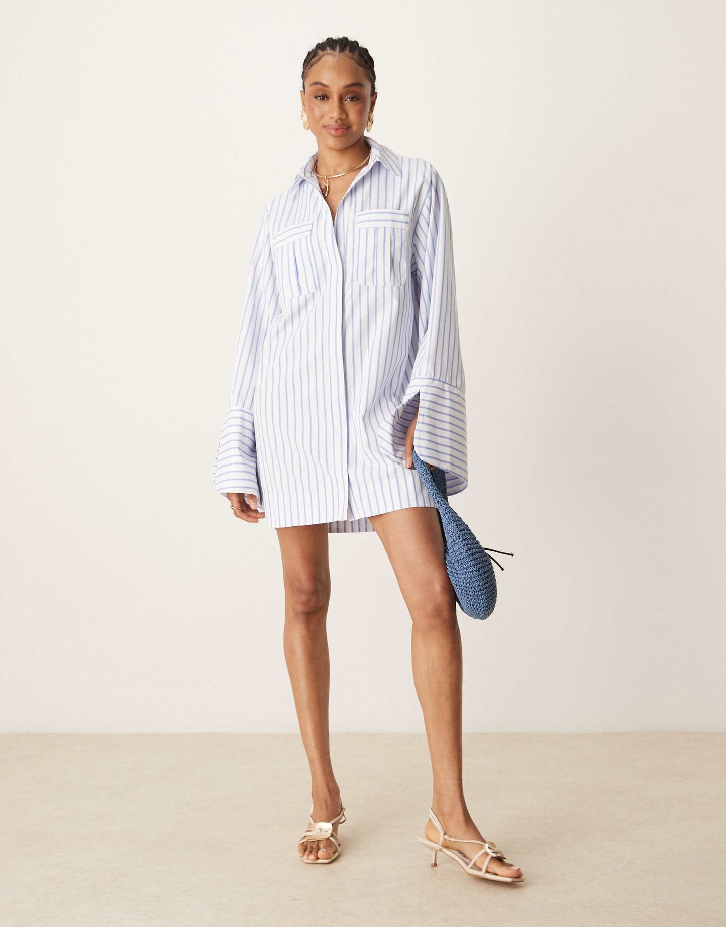 ASOS DESIGN Tall mini shirt dress with wide cuffs and oversized pockets in blue stripe