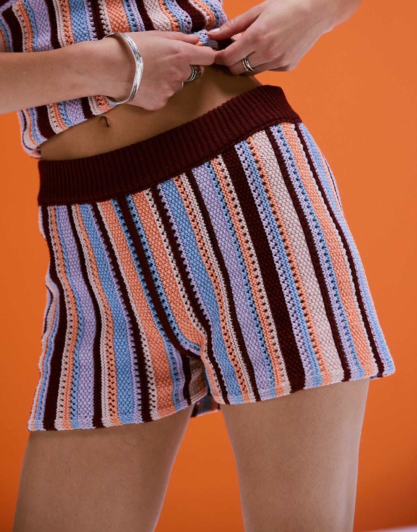 ASOS DESIGN mock crochet multi colour knitted knicker short in multi stripe