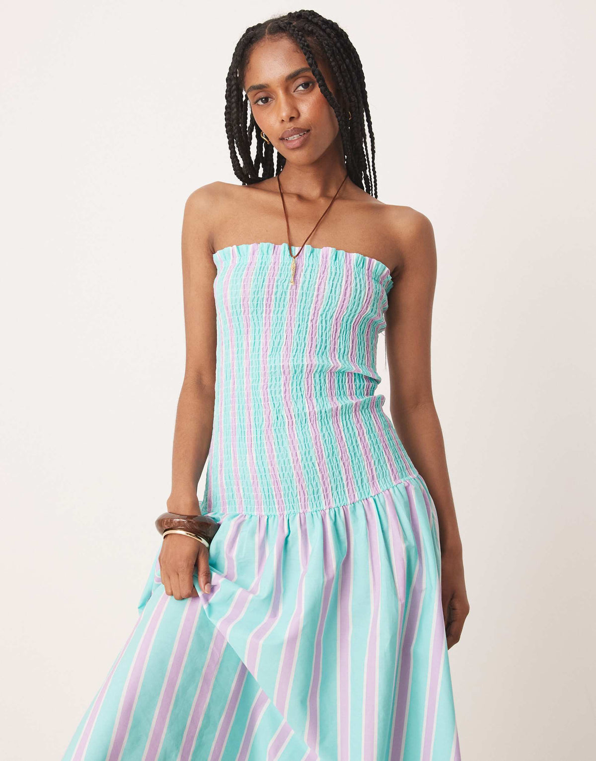 ASOS DESIGN shirred drop waist maxi dress in blue purple stripe