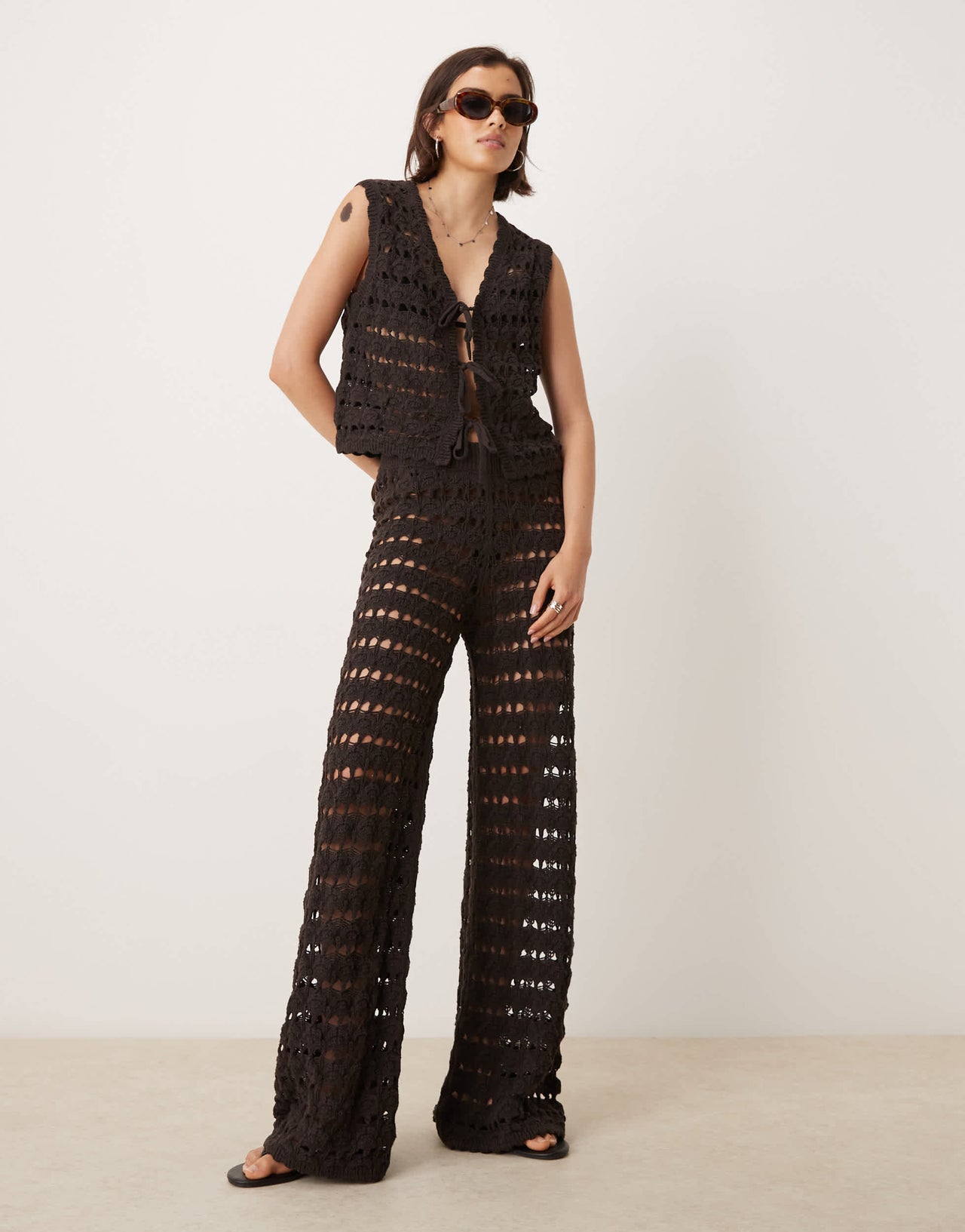 ASOS DESIGN co-ord open stitch scallop trim knitted wide leg trousers in chocolate