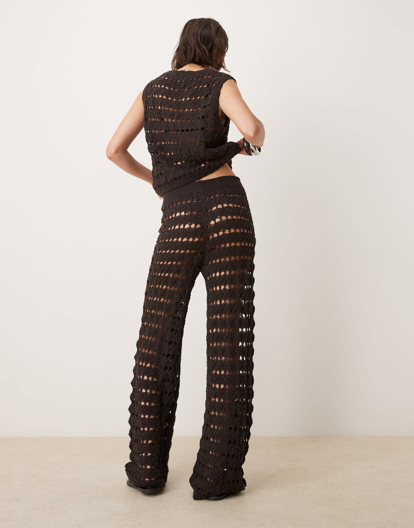 ASOS DESIGN co-ord open stitch scallop trim knitted wide leg trousers in chocolate
