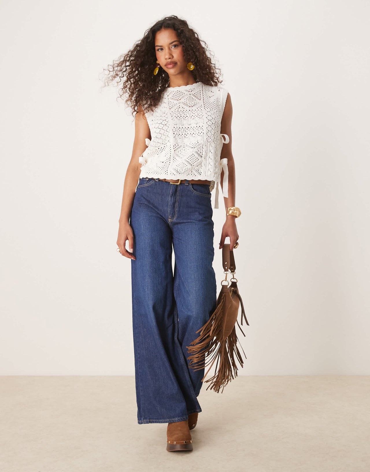 ASOS DESIGN patchwork stitch interest knitted tank with tie sides in white