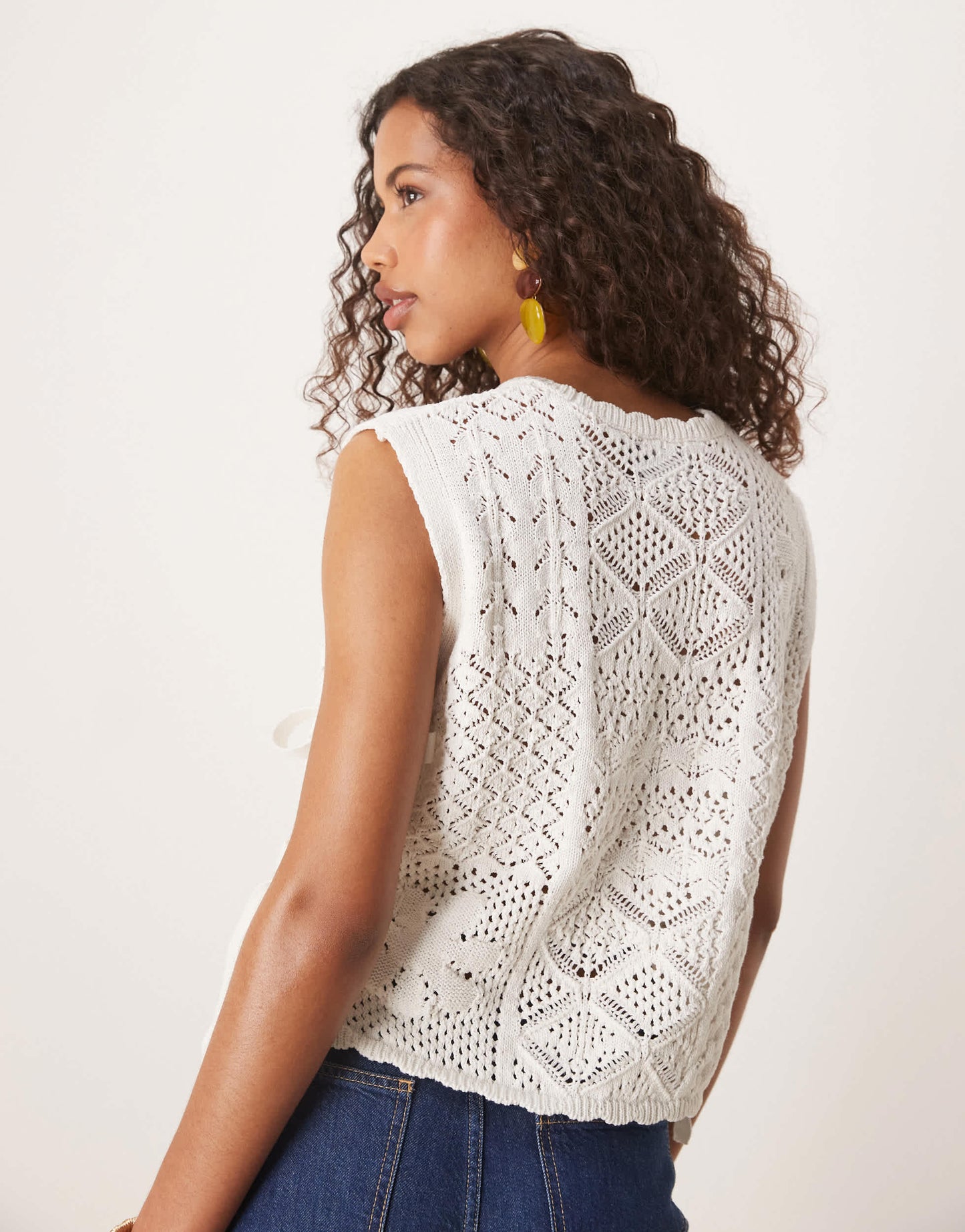 ASOS DESIGN patchwork stitch interest knitted tank with tie sides in white