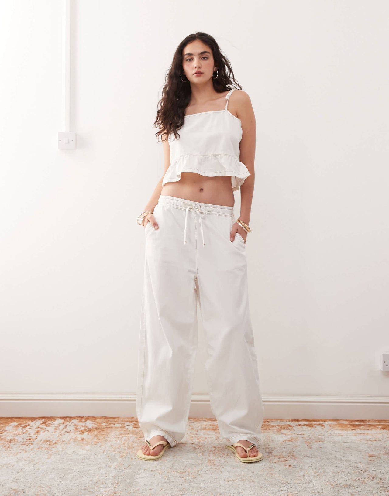 Reclaimed Vintage soft denim twill tie strap peplum top co-ord in ecru
