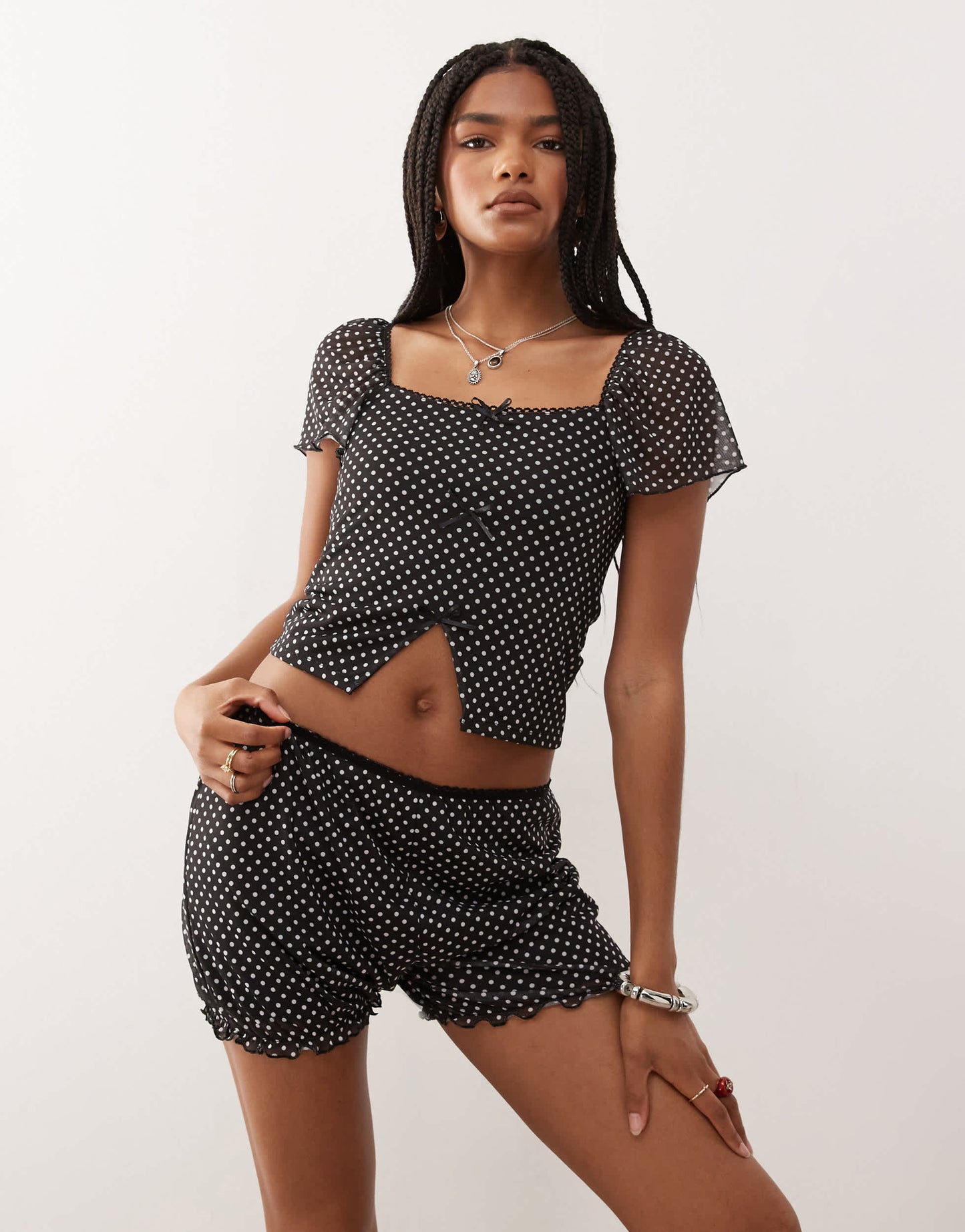 Reclaimed Vintage mesh micro bloomer shorts in black polka dot co-ord