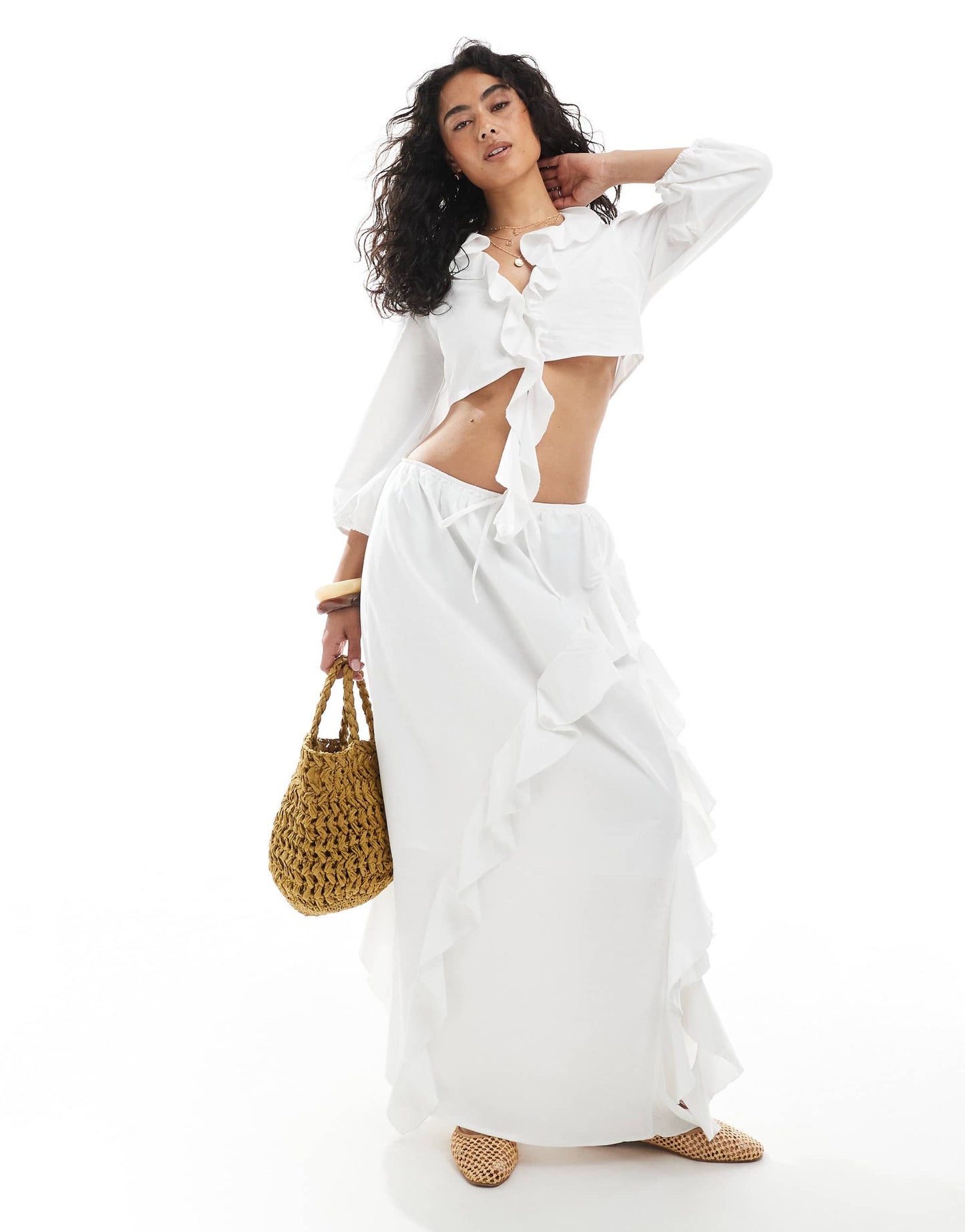 Miss Selfridge frill maxi skirt co-ord in white