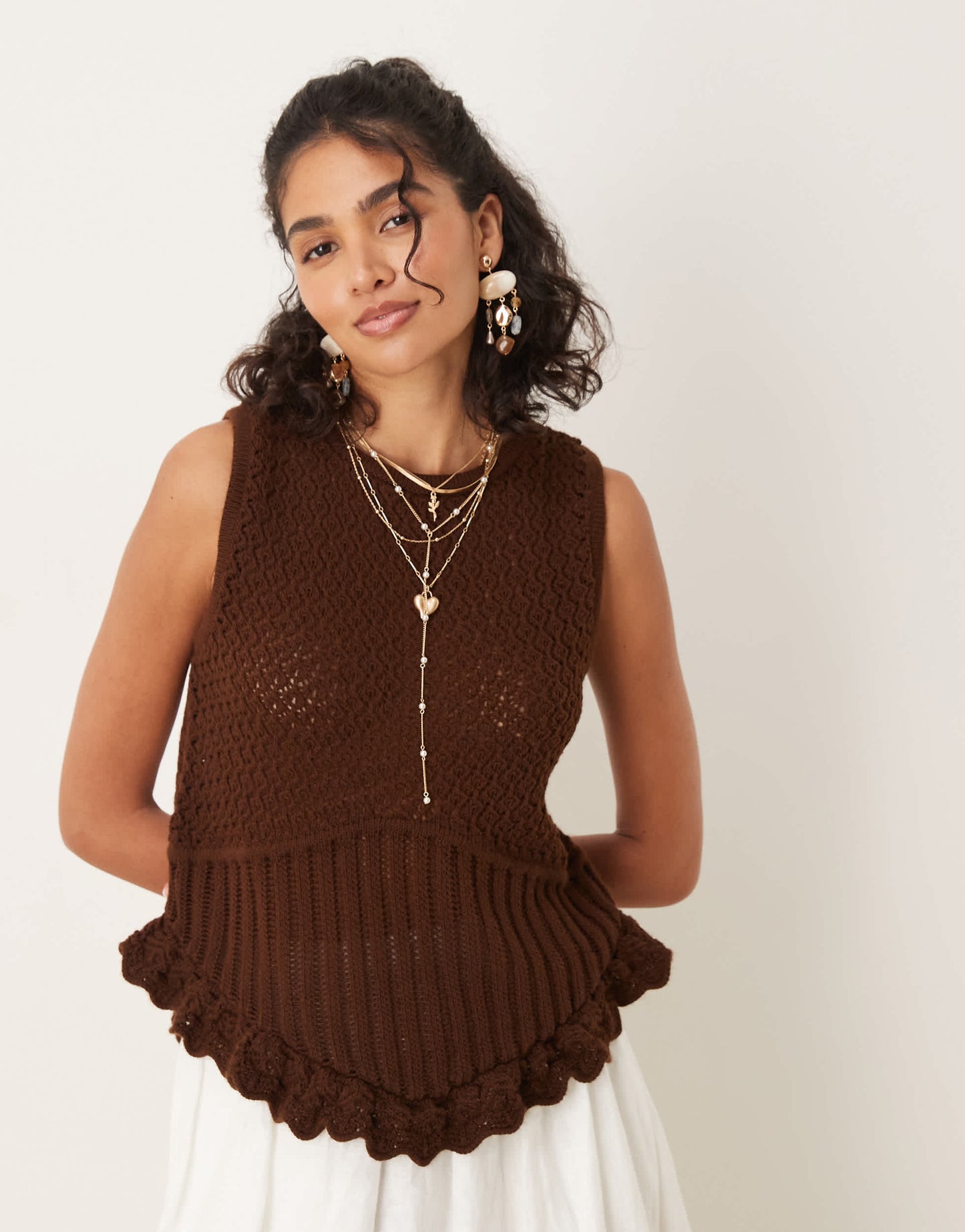 ASOS DESIGN crochet knitted top in brown