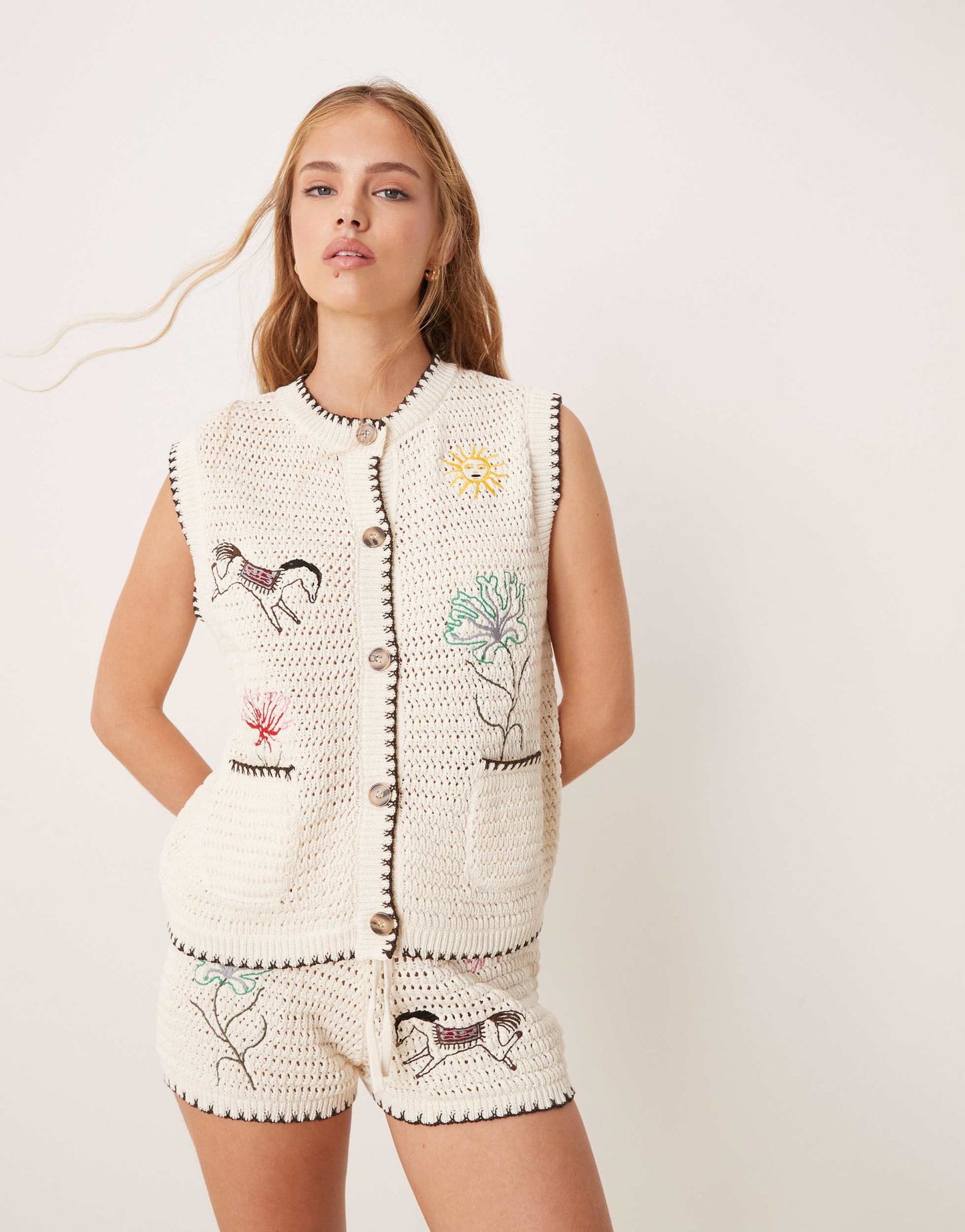 ASOS DESIGN knitted tank top co-ord with embroidery in ecru