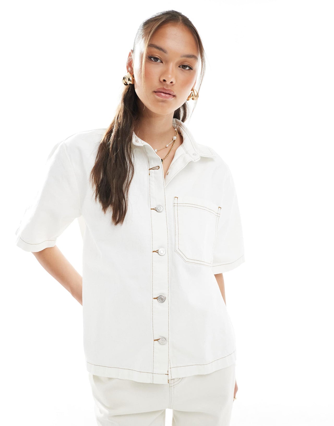 ASOS DESIGN denim short sleeve shirt with pocket in ecru