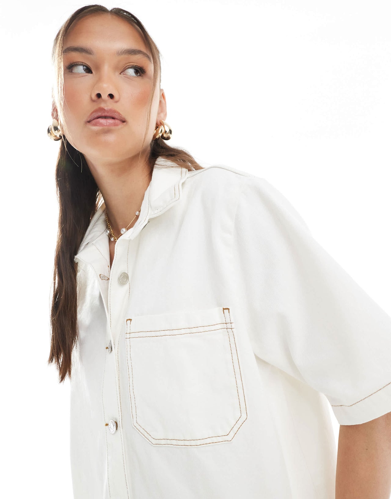 ASOS DESIGN denim short sleeve shirt with pocket in ecru