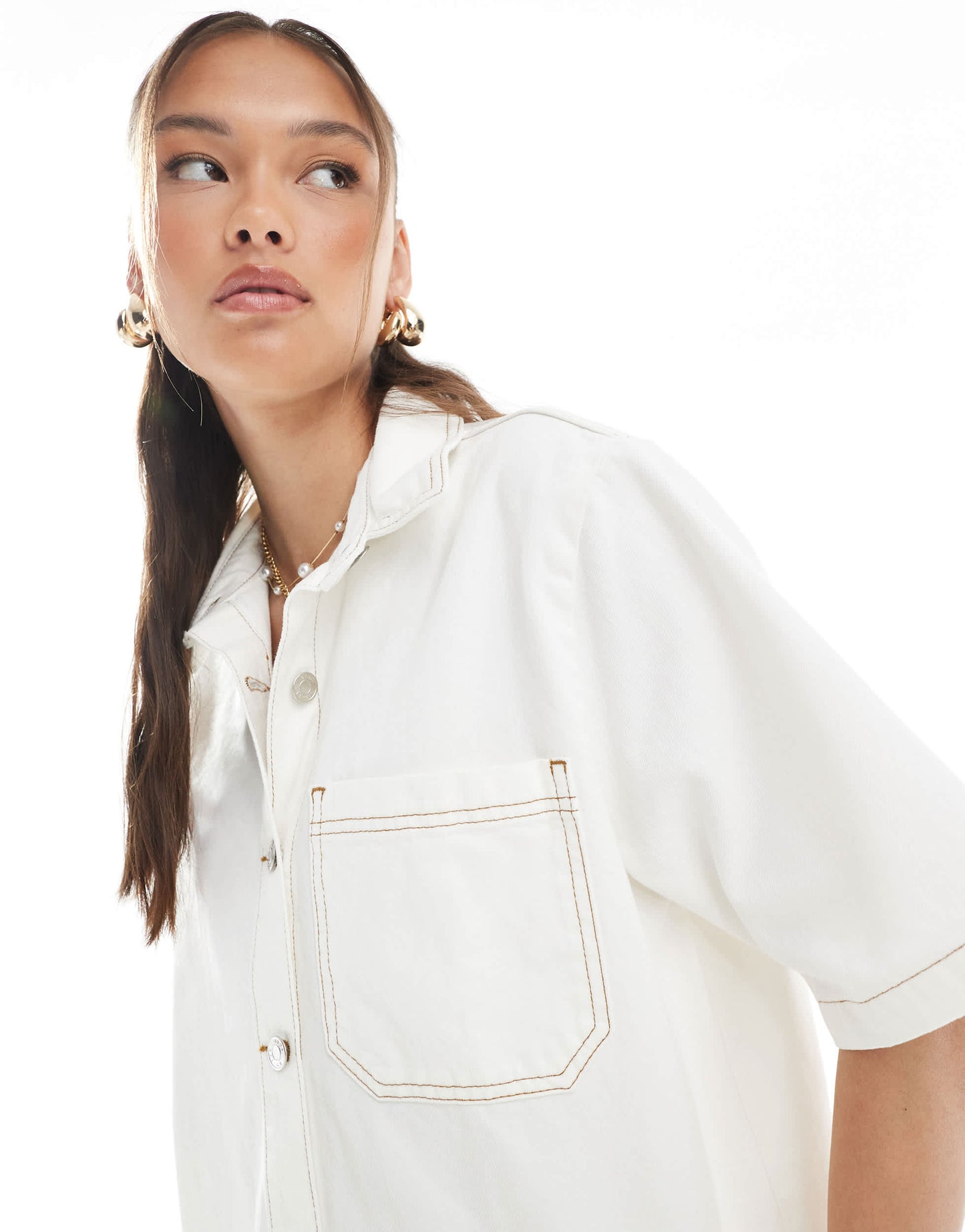 ASOS DESIGN denim short sleeve shirt with pocket in ecru