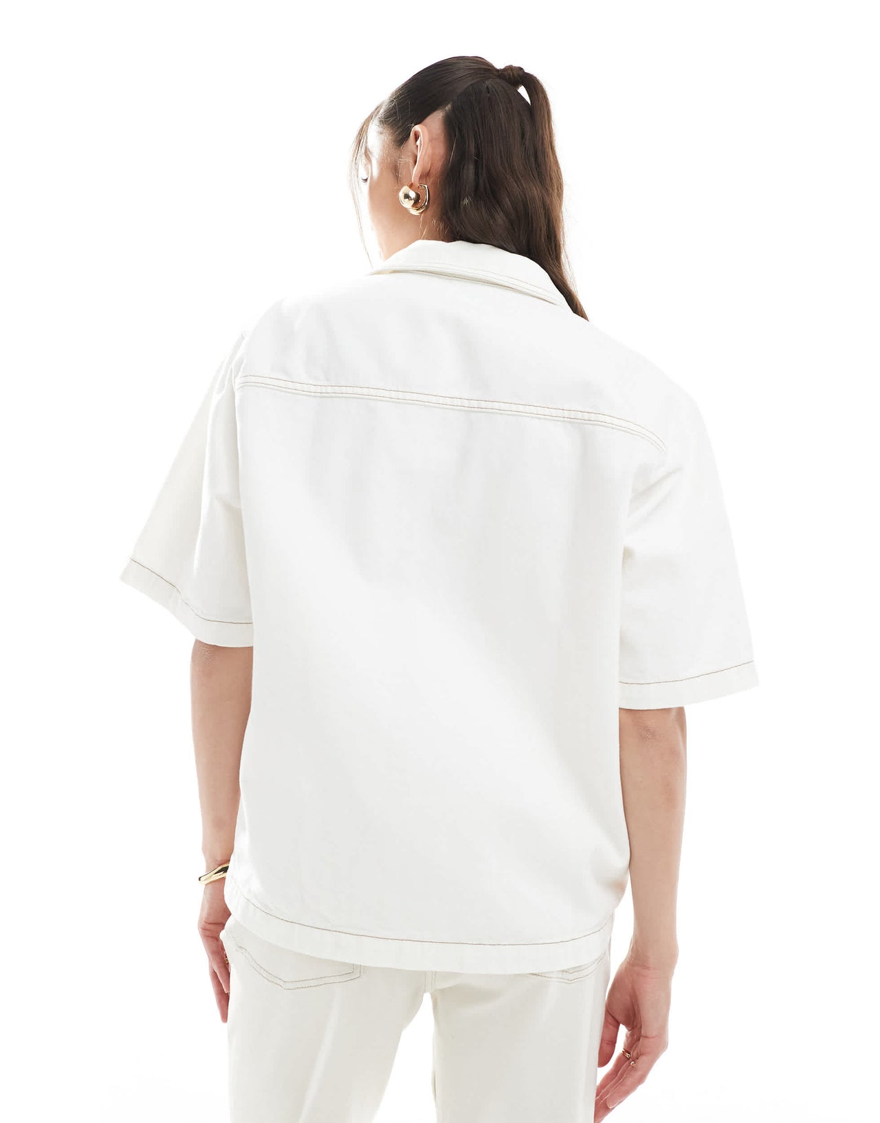 ASOS DESIGN denim short sleeve shirt with pocket in ecru