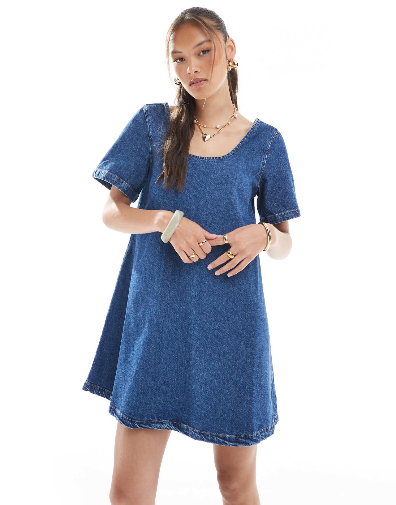 ASOS DESIGN denim scoop neck short sleeve mini dress in mid blue