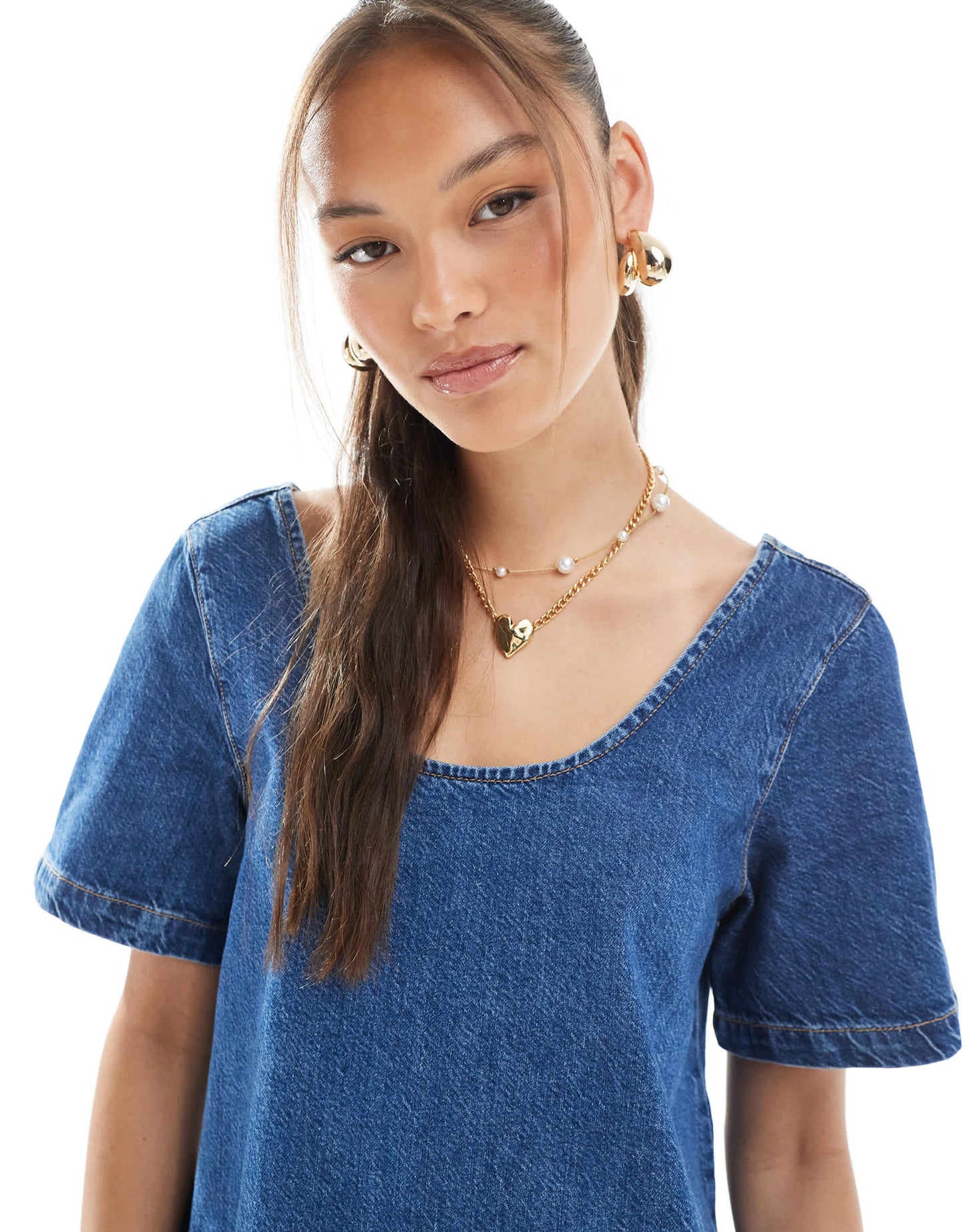 ASOS DESIGN denim scoop neck short sleeve mini dress in mid blue