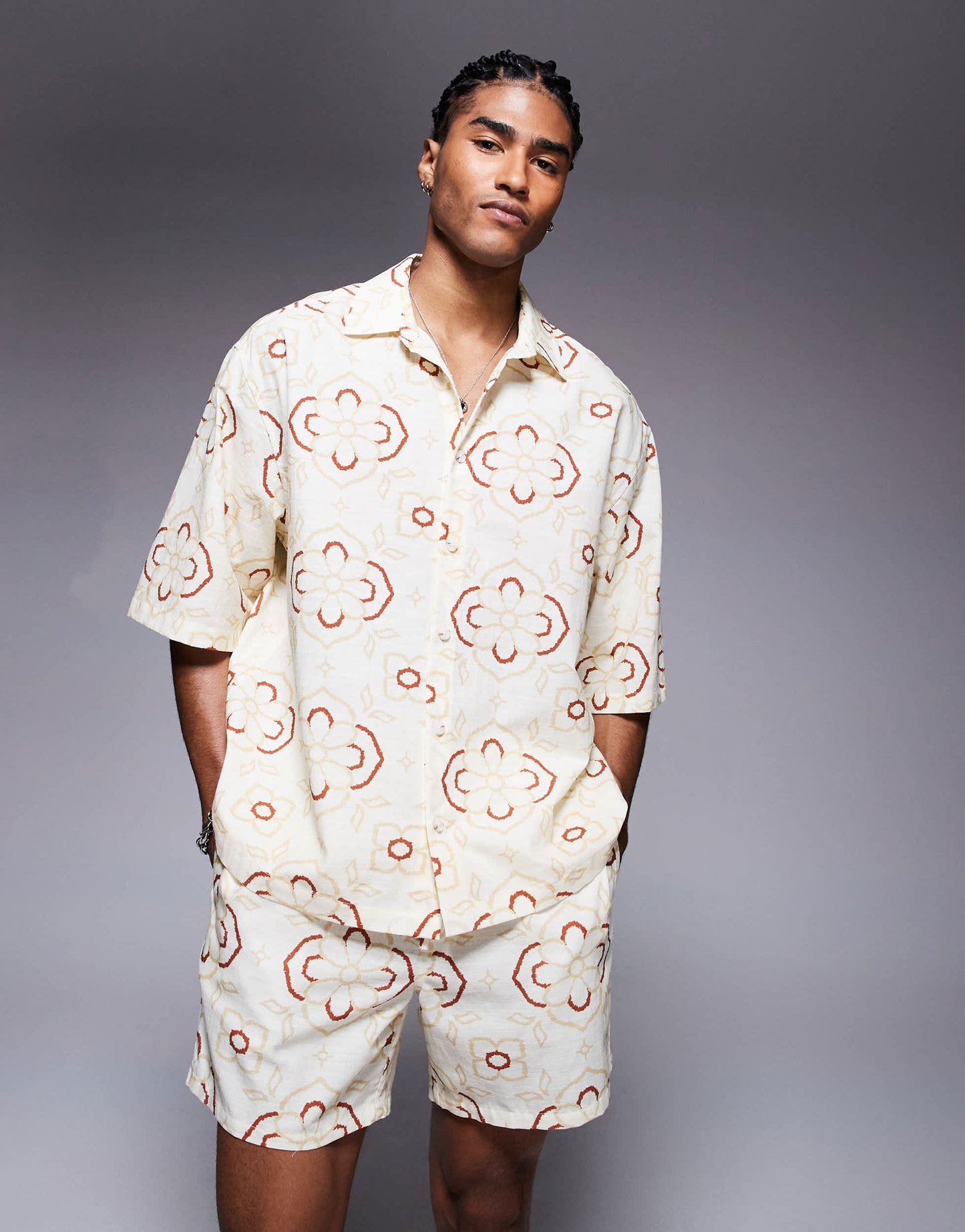 ASOS DESIGN co-ord oversized shirt with geo print in beige