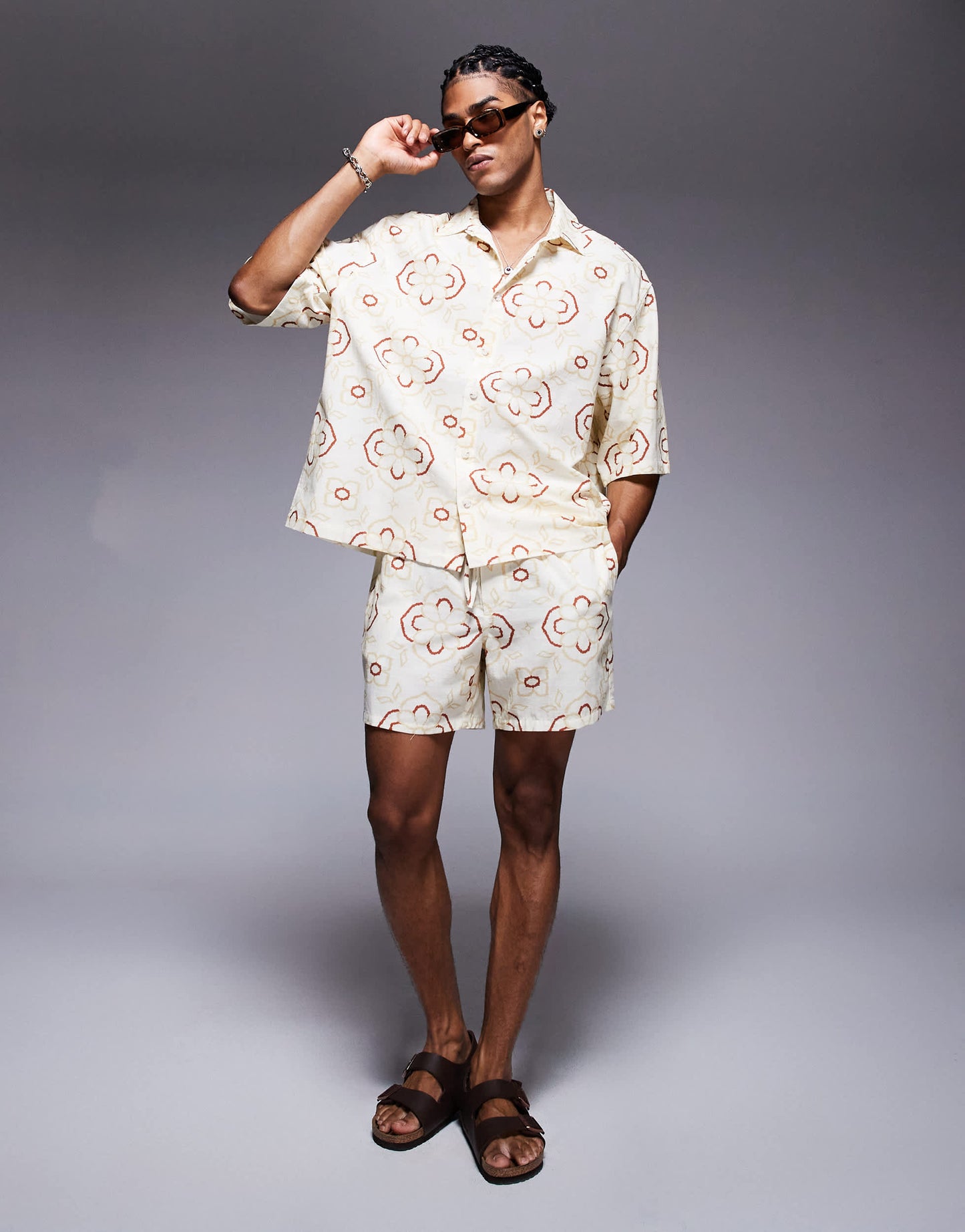 ASOS DESIGN co-ord oversized shirt with geo print in beige