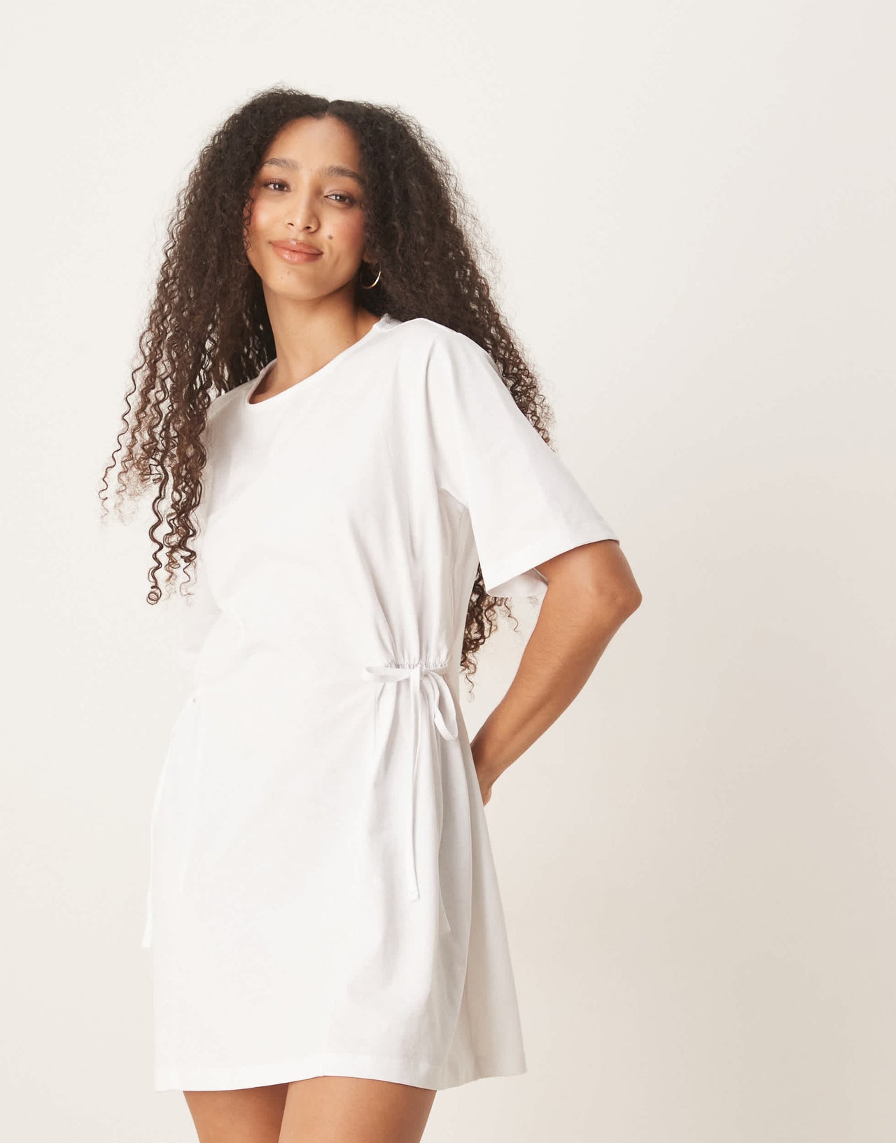 ASOS DESIGN tie side cinched waist shirt dress in white