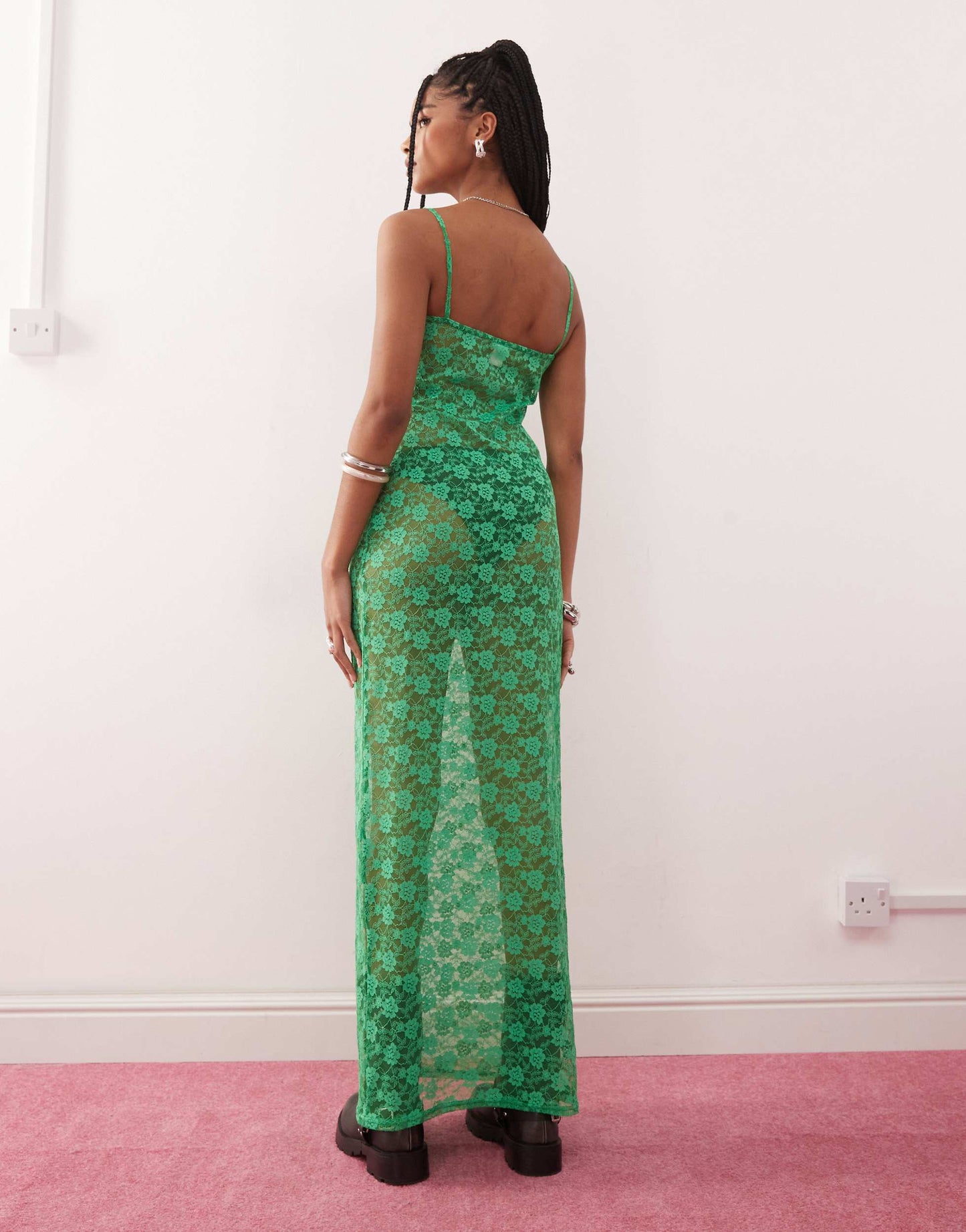 COLLUSION fitted square neck sheer lace maxi dress in green