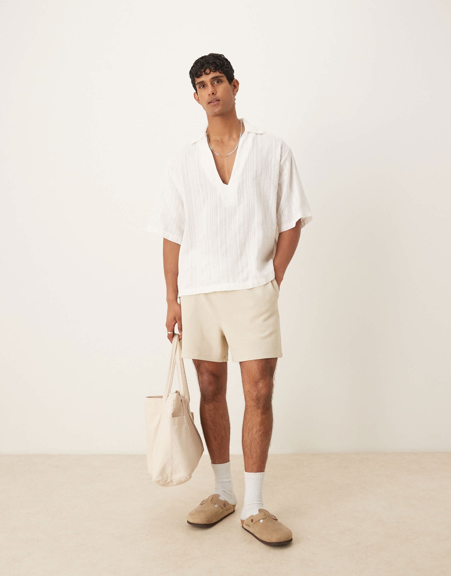 ASOS DESIGN oversized overhead shirt in light white texture