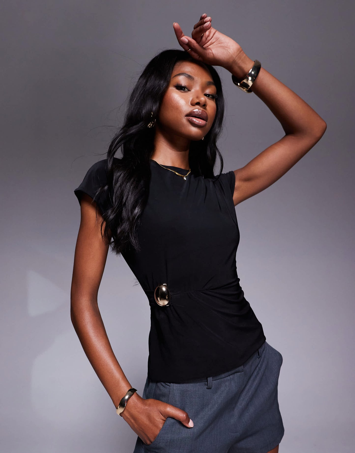 Fashionkilla double sculpted slinky metal detail ruched side t-shirt in black