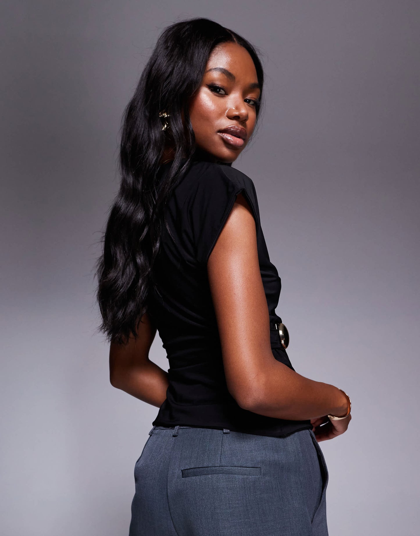 Fashionkilla double sculpted slinky metal detail ruched side t-shirt in black