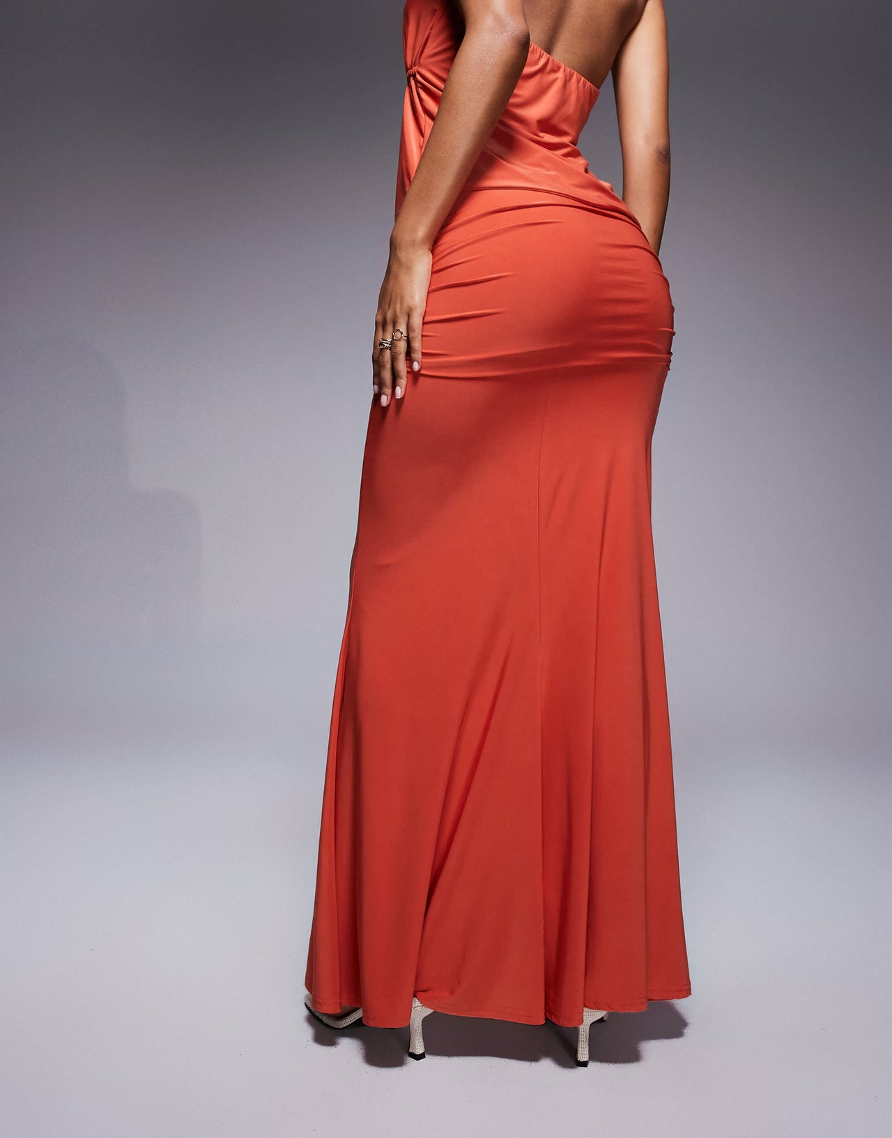 Fashionkilla double sculpted slinky ruched waist mermaid hem maxi skirt co-ord in orange